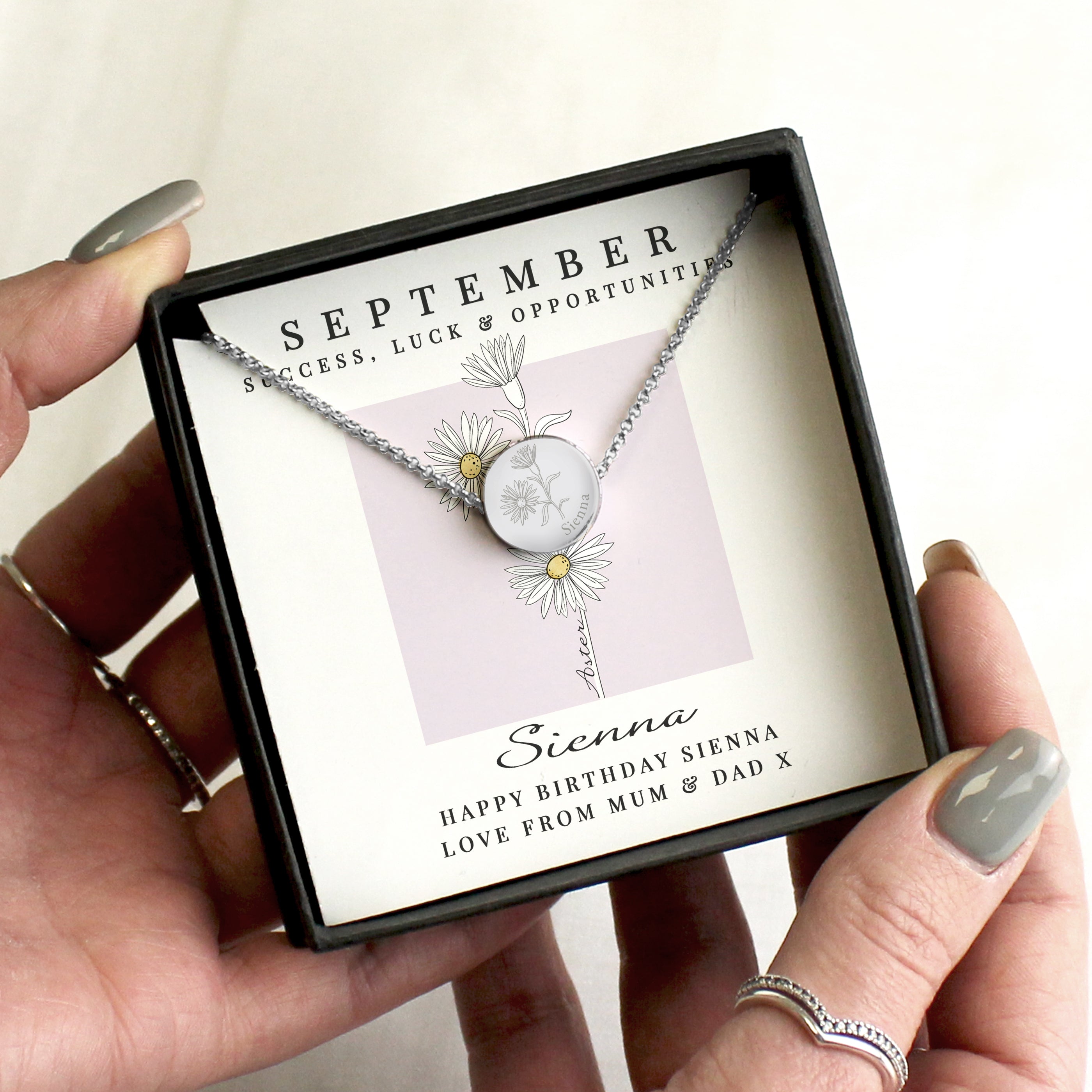 Personalised September Birth Flower Necklace and Box