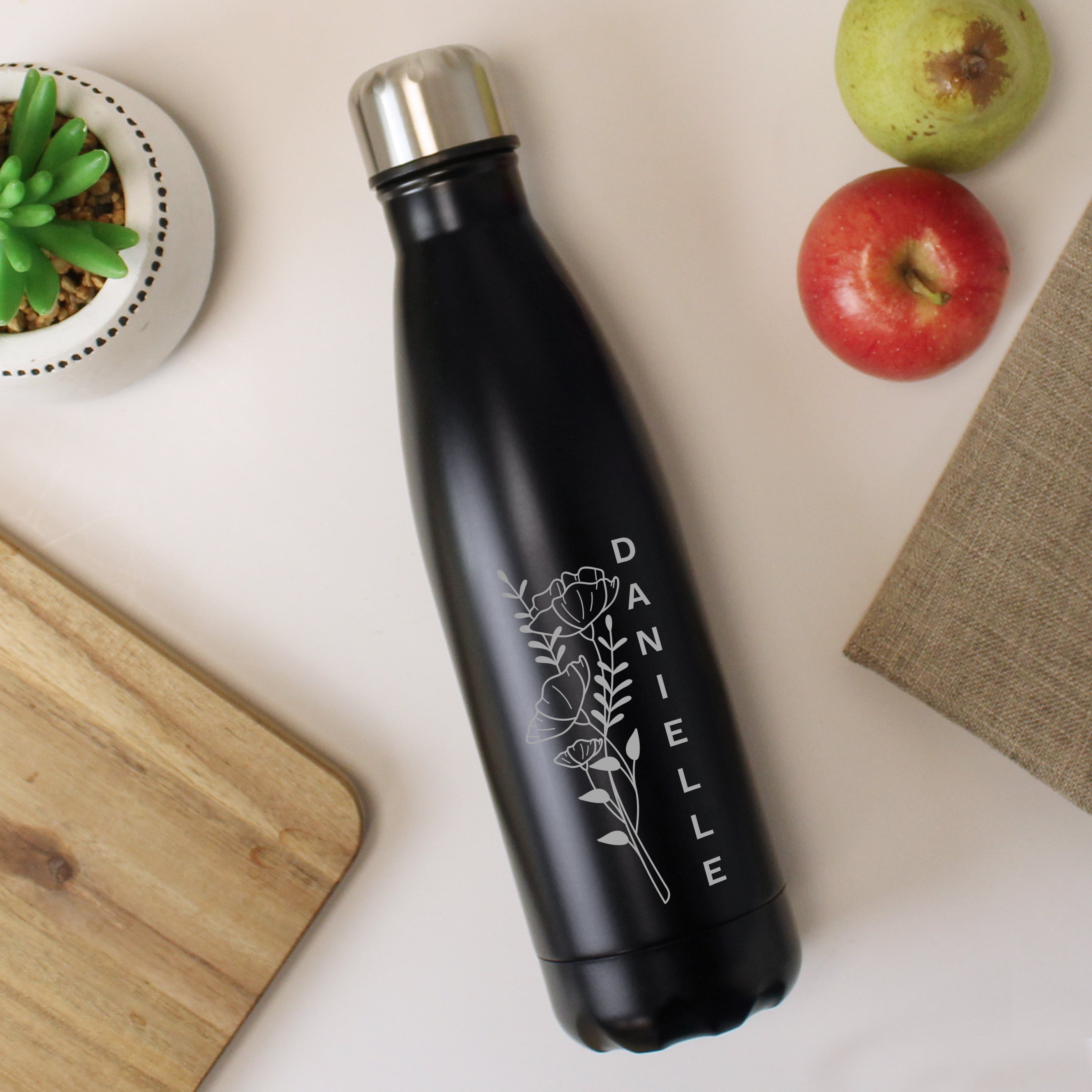 Personalised Floral Black Metal Insulated Drinks Bottle