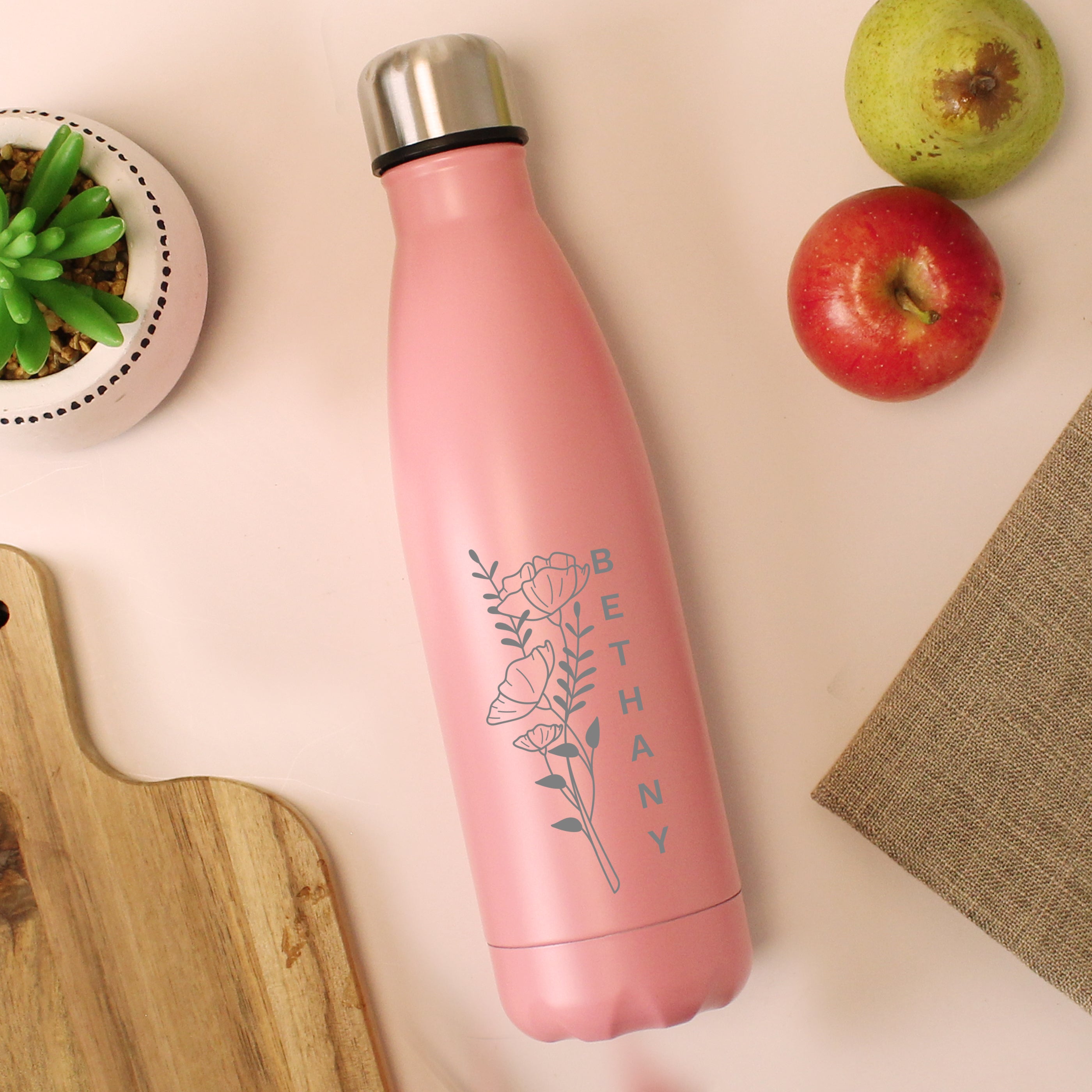 Personalised Floral Pink Metal Insulated Drinks Bottle