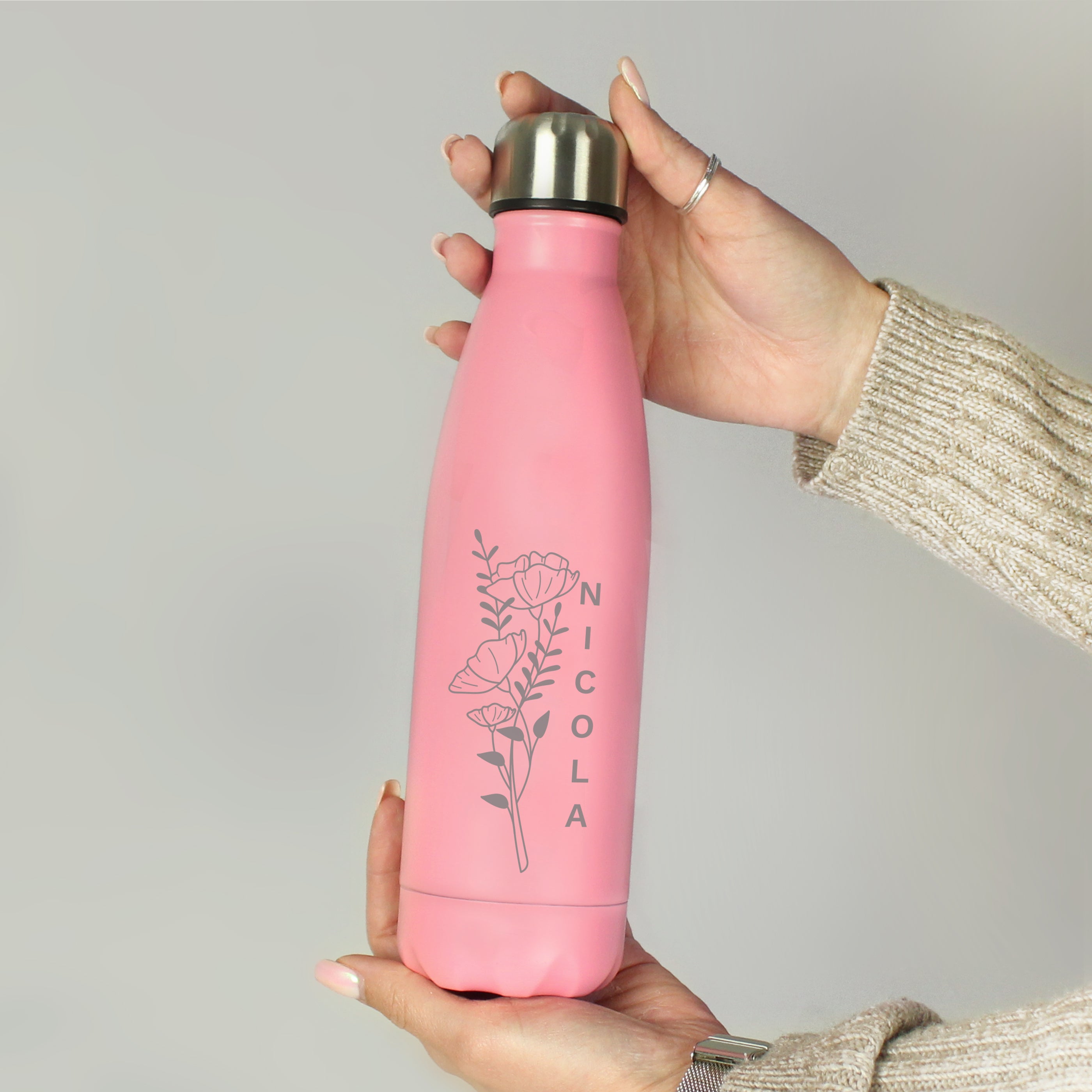 Personalised Floral Pink Metal Insulated Drinks Bottle