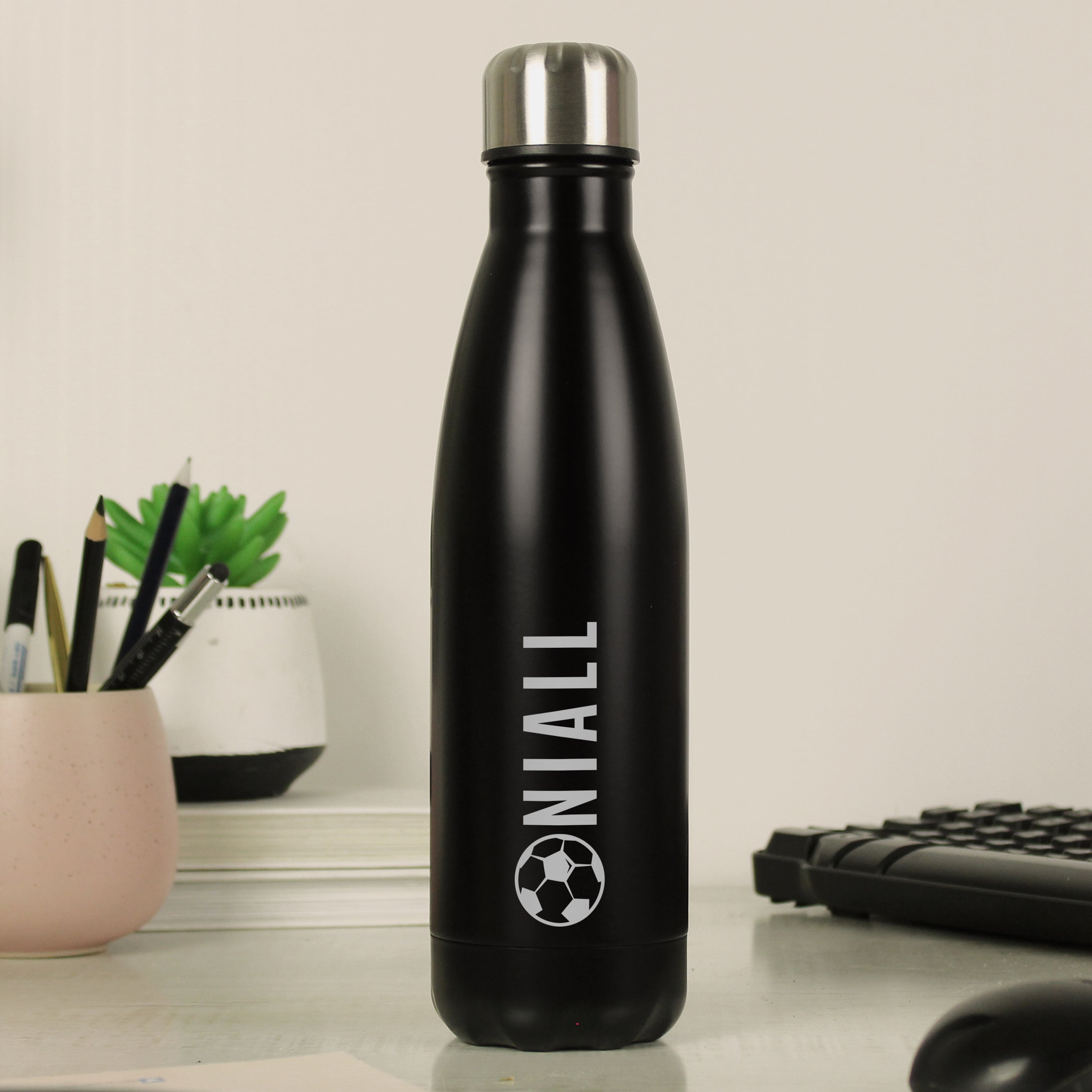 Personalised Football Black Metal Insulated Drinks Bottle