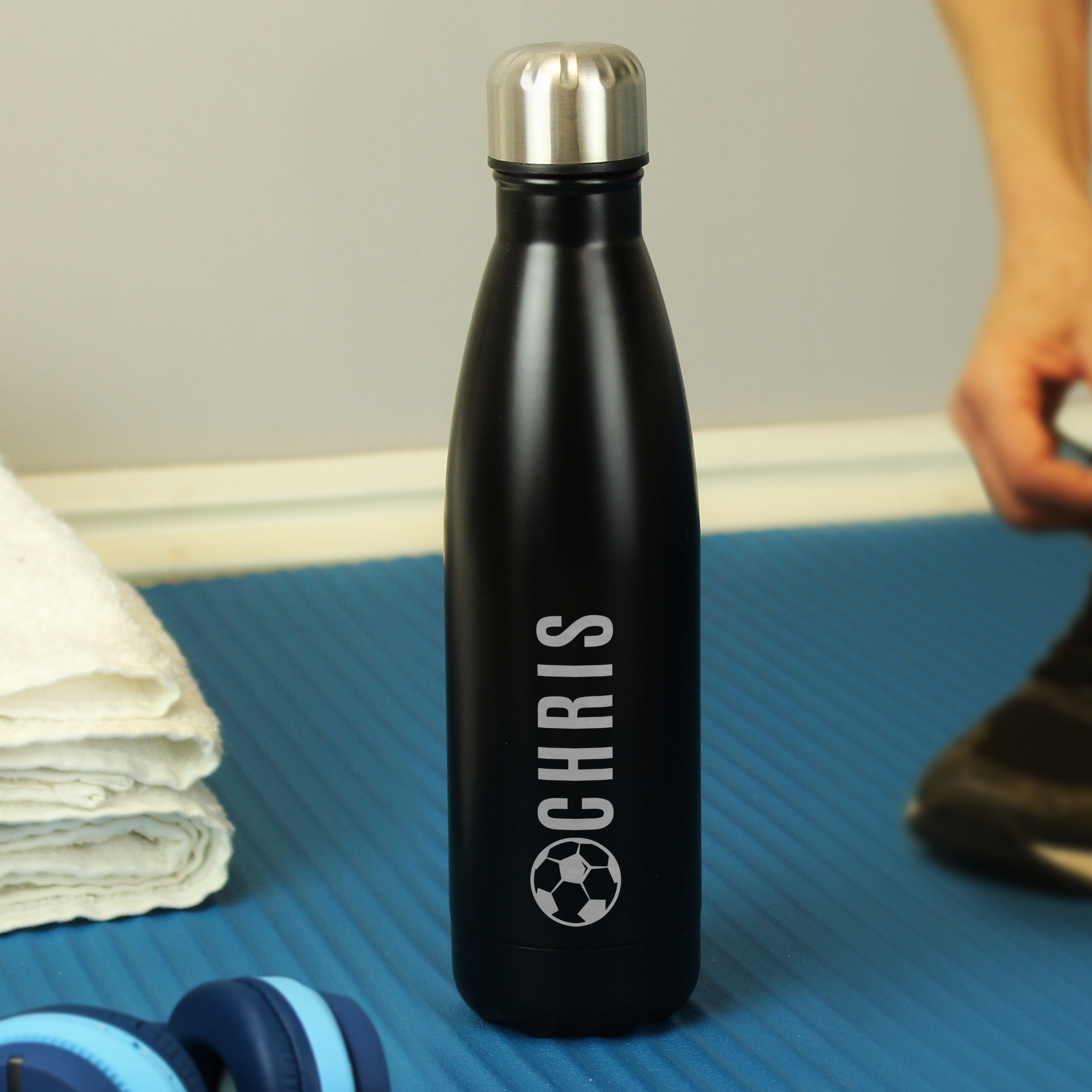 Personalised Football Black Metal Insulated Drinks Bottle