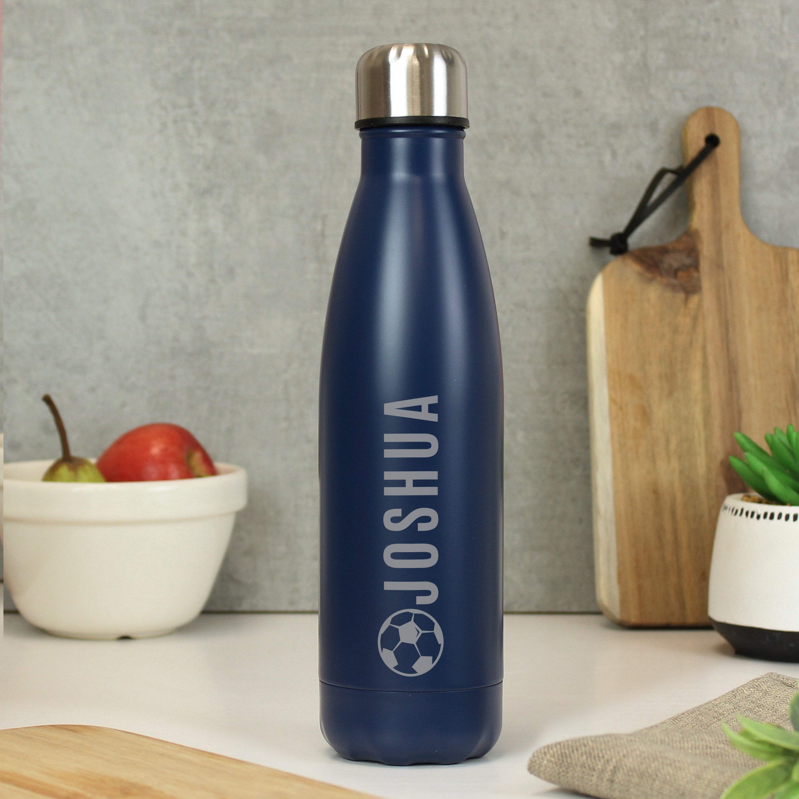 Personalised Football Navy Metal Insulated Drinks Bottle