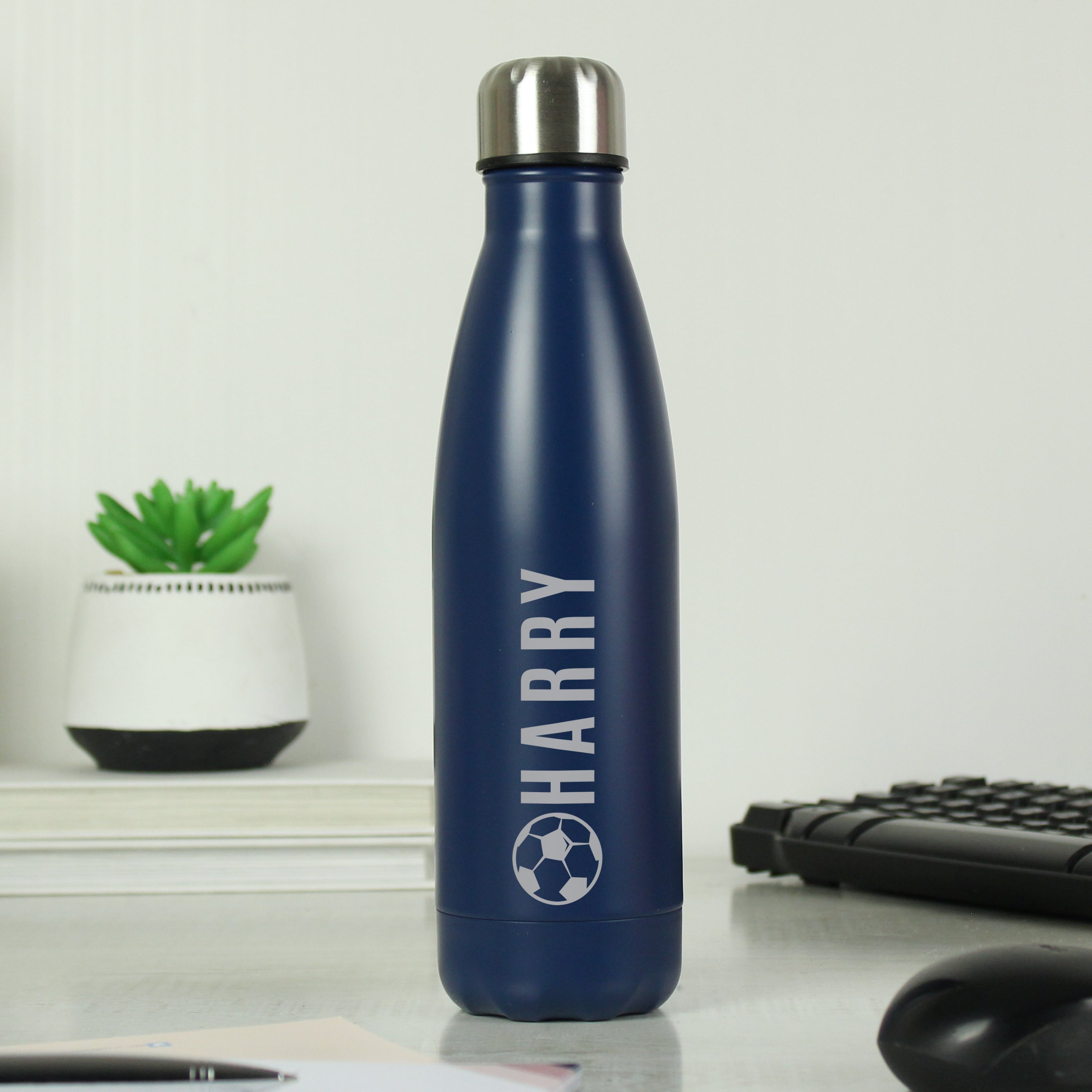 Personalised Football Navy Metal Insulated Drinks Bottle