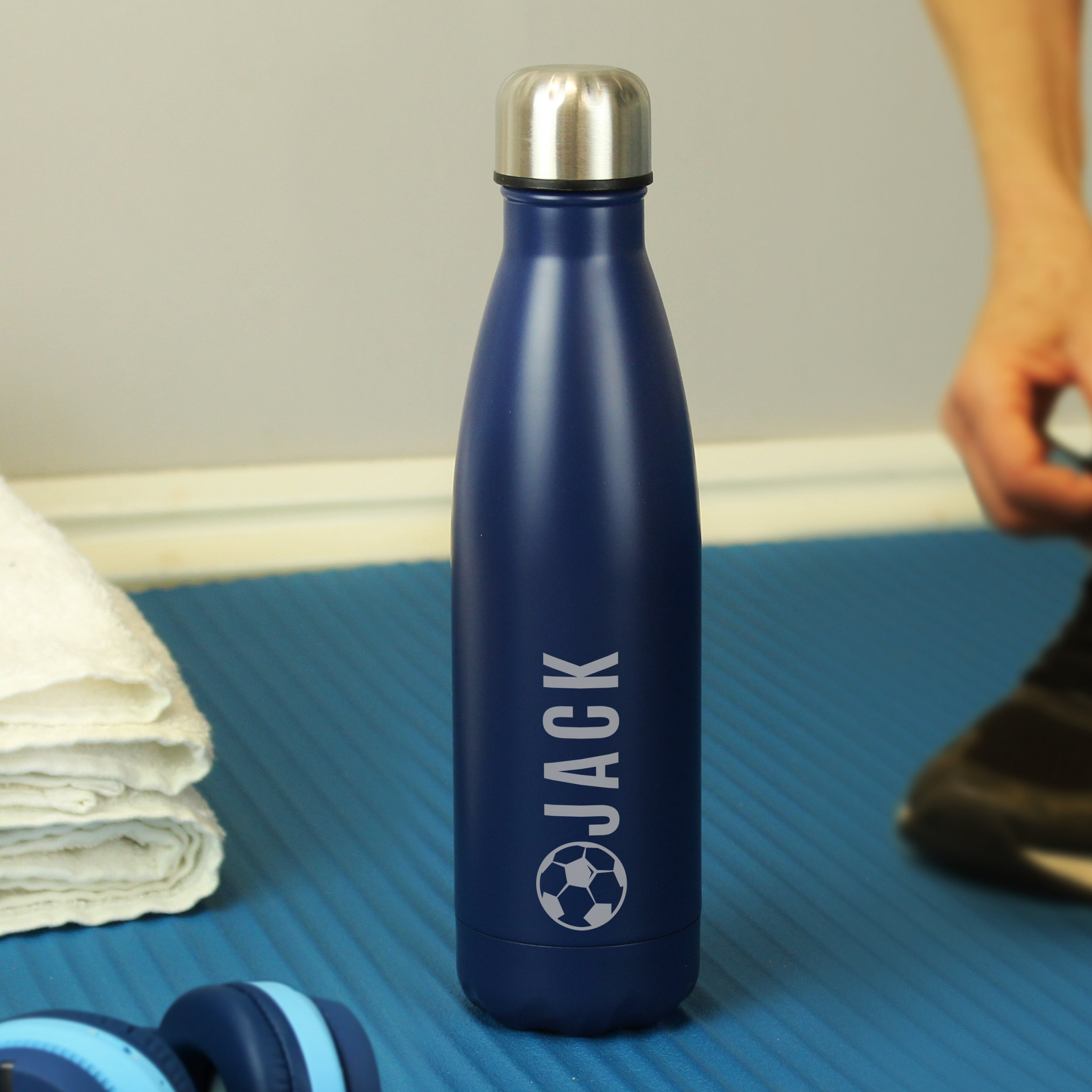 Personalised Football Navy Metal Insulated Drinks Bottle