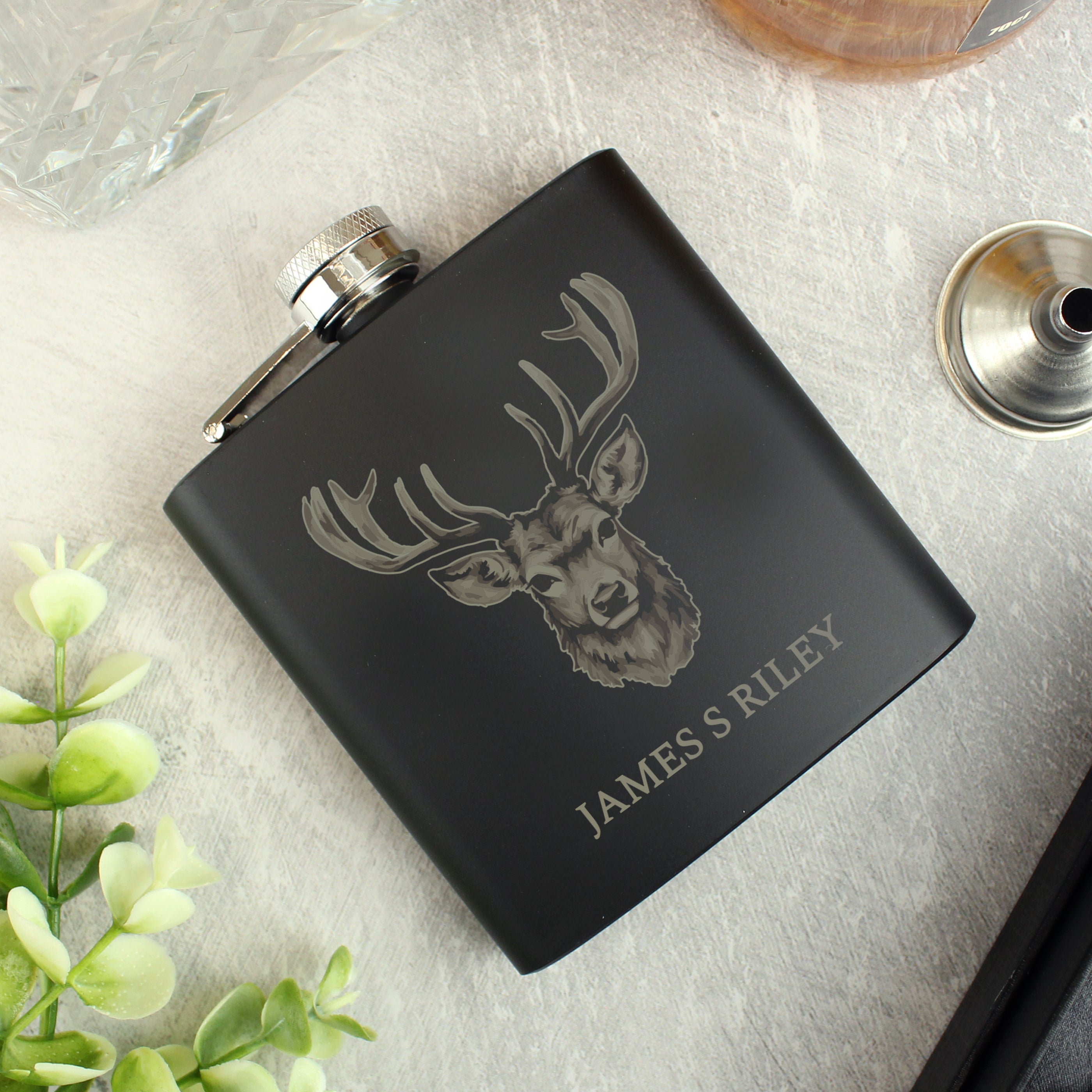 Personalised Stag Black Hip Flask