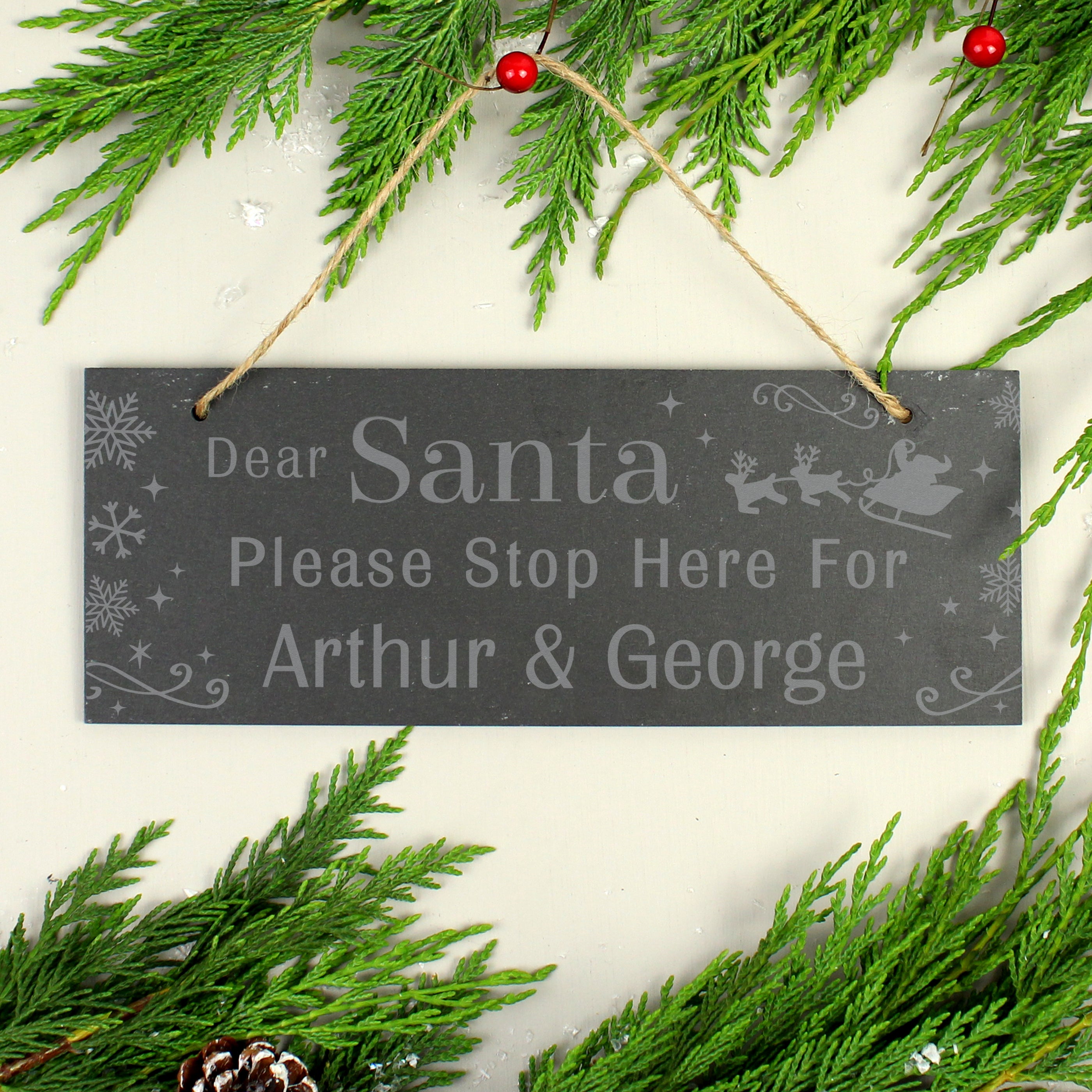 Personalised Santa Please Stop Here... Hanging Slate Sign