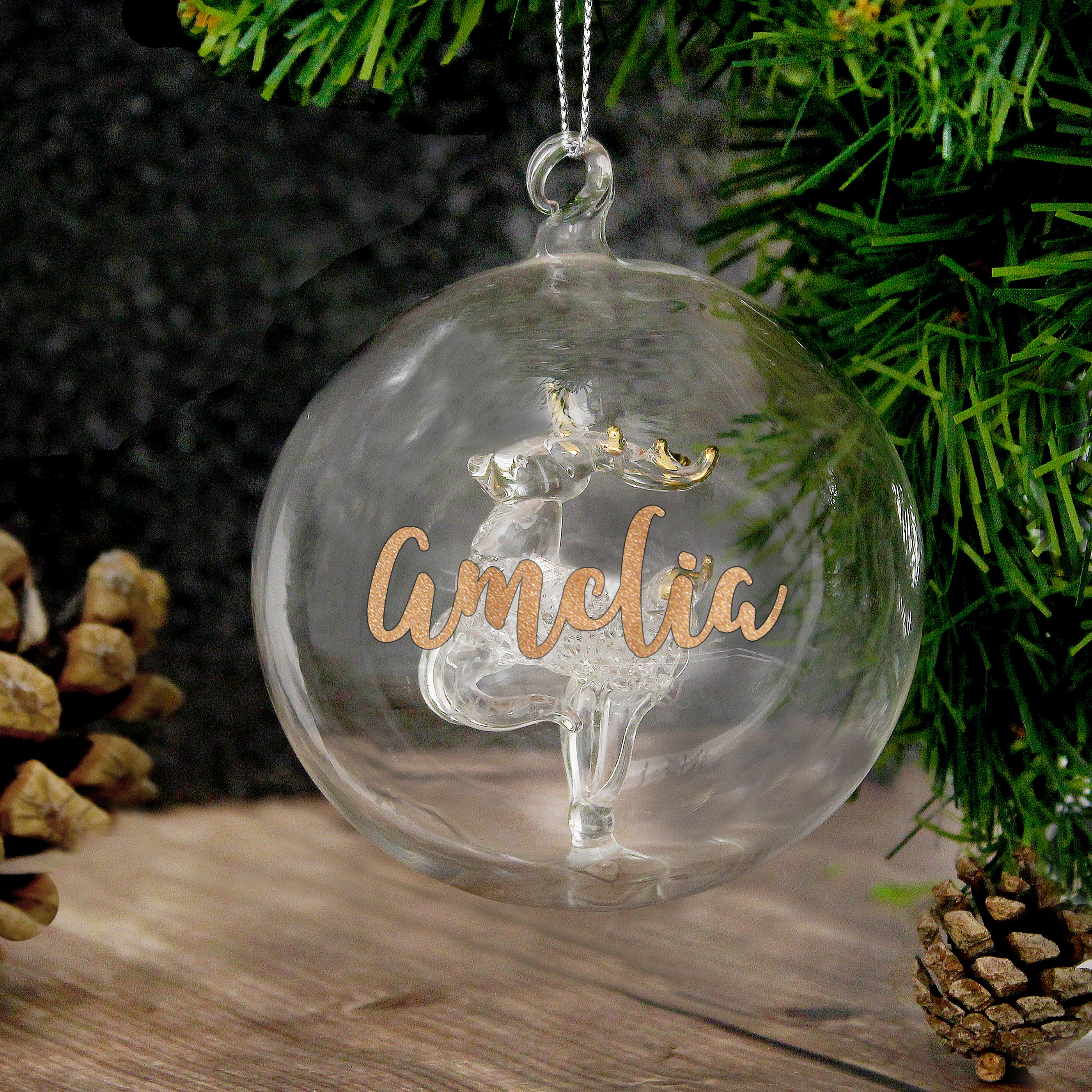 Personalised Gold Glitter Name Only Reindeer Glass Bauble