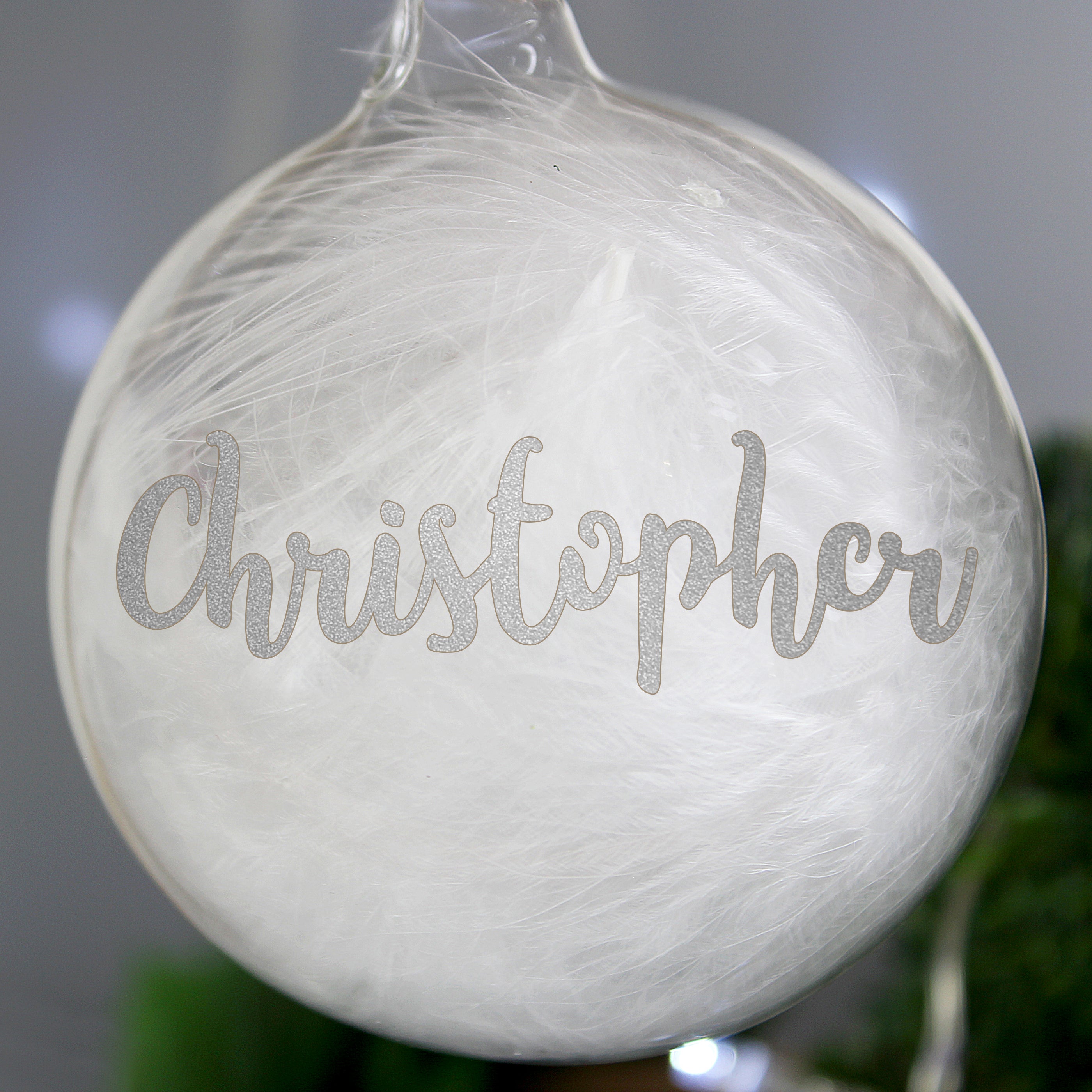 Personalised Silver Glitter Name Only Feather Glass Bauble