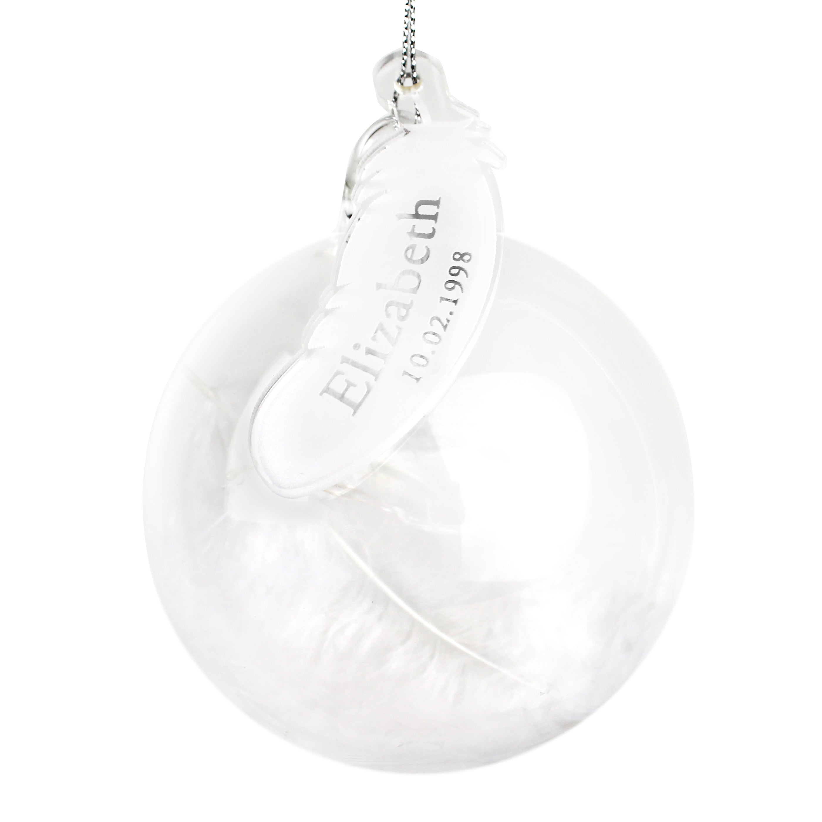 Personalised Name & Date Feather Glass Bauble