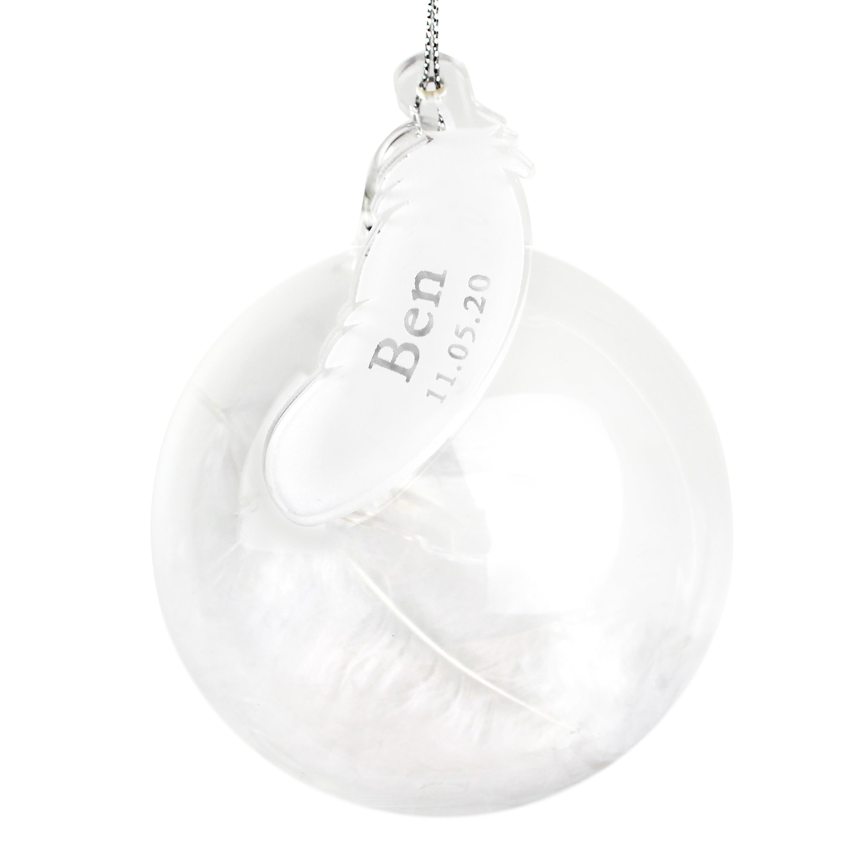 Personalised Name & Date Feather Glass Bauble