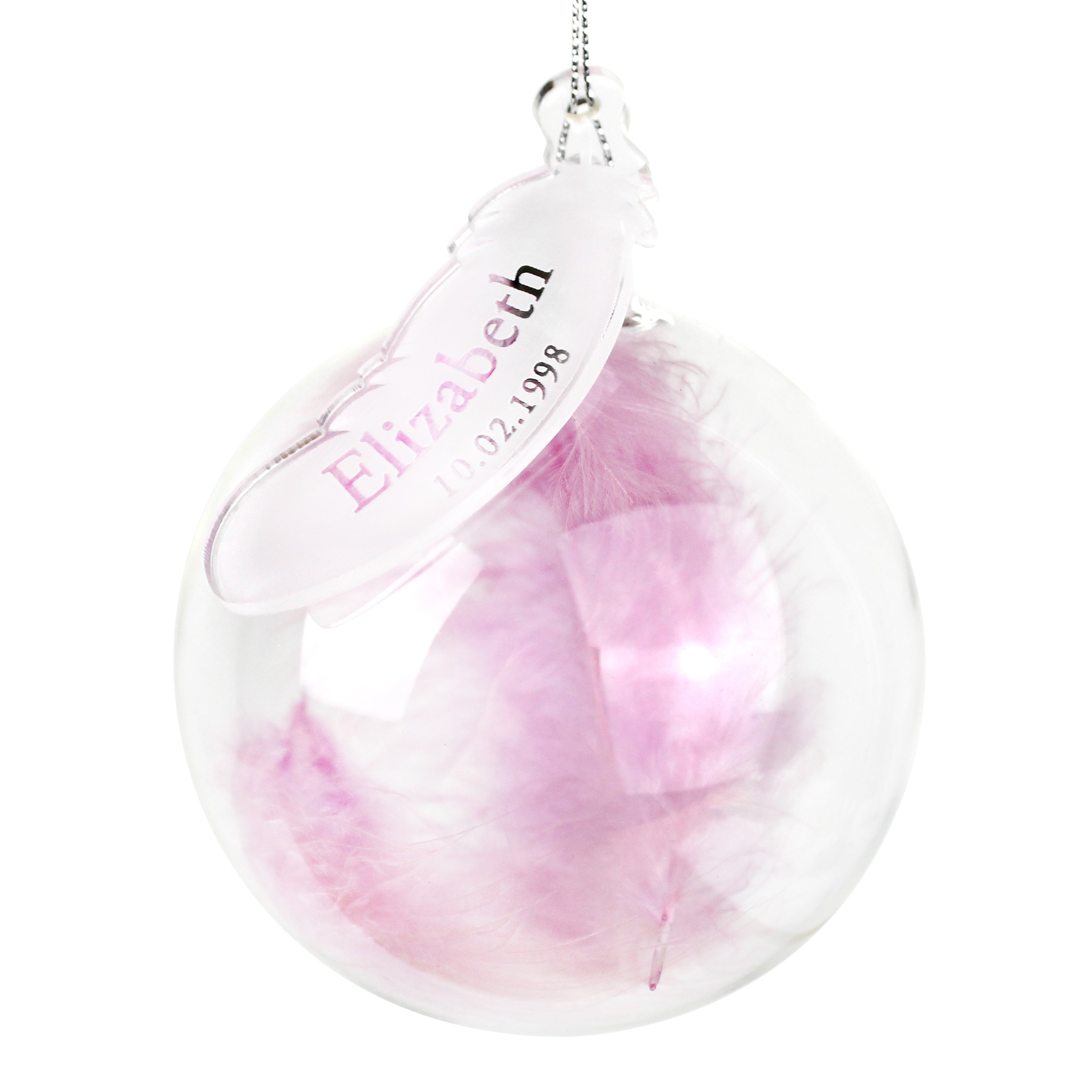 Personalised Name & Date Pink Feather Glass Bauble