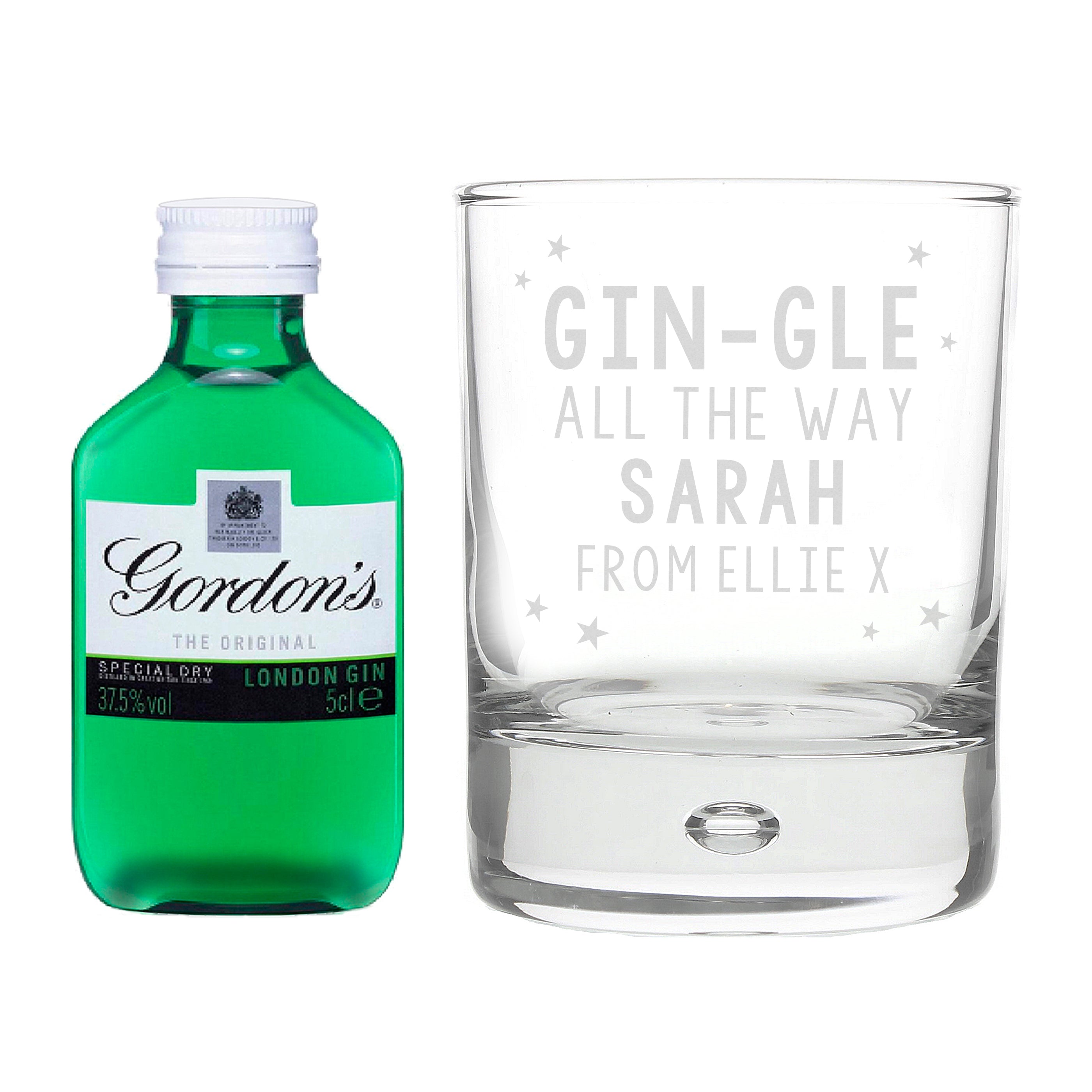 Personalised Gingle Bells Bubble Glass & Gin Miniature Set