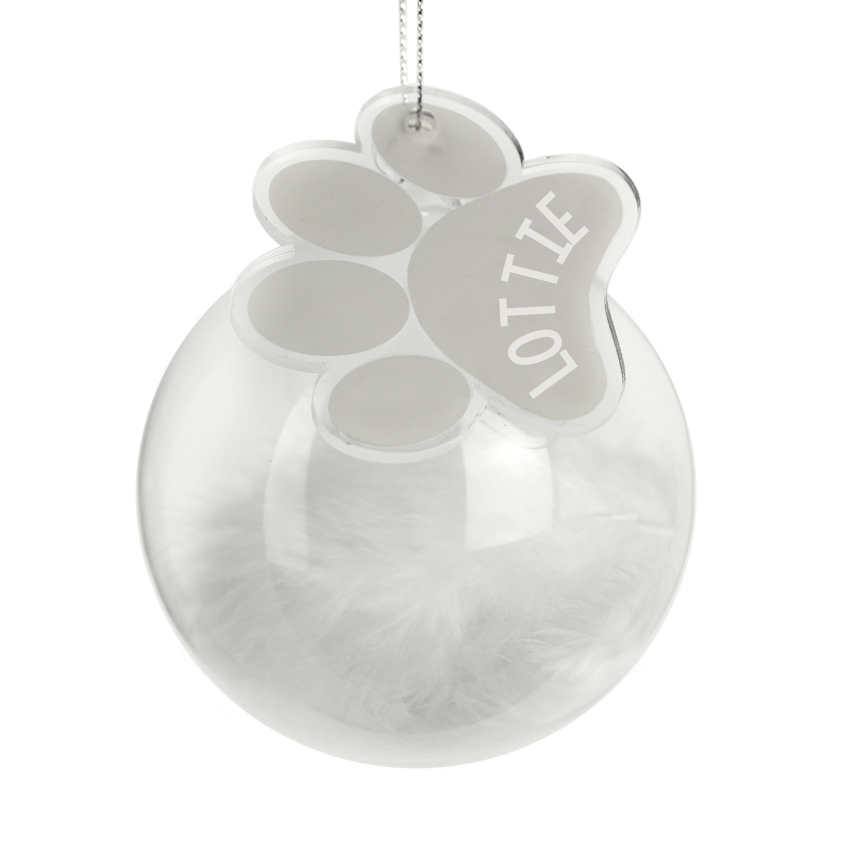 Personalised Pets White Feather Glass Bauble With Paw Print Tag