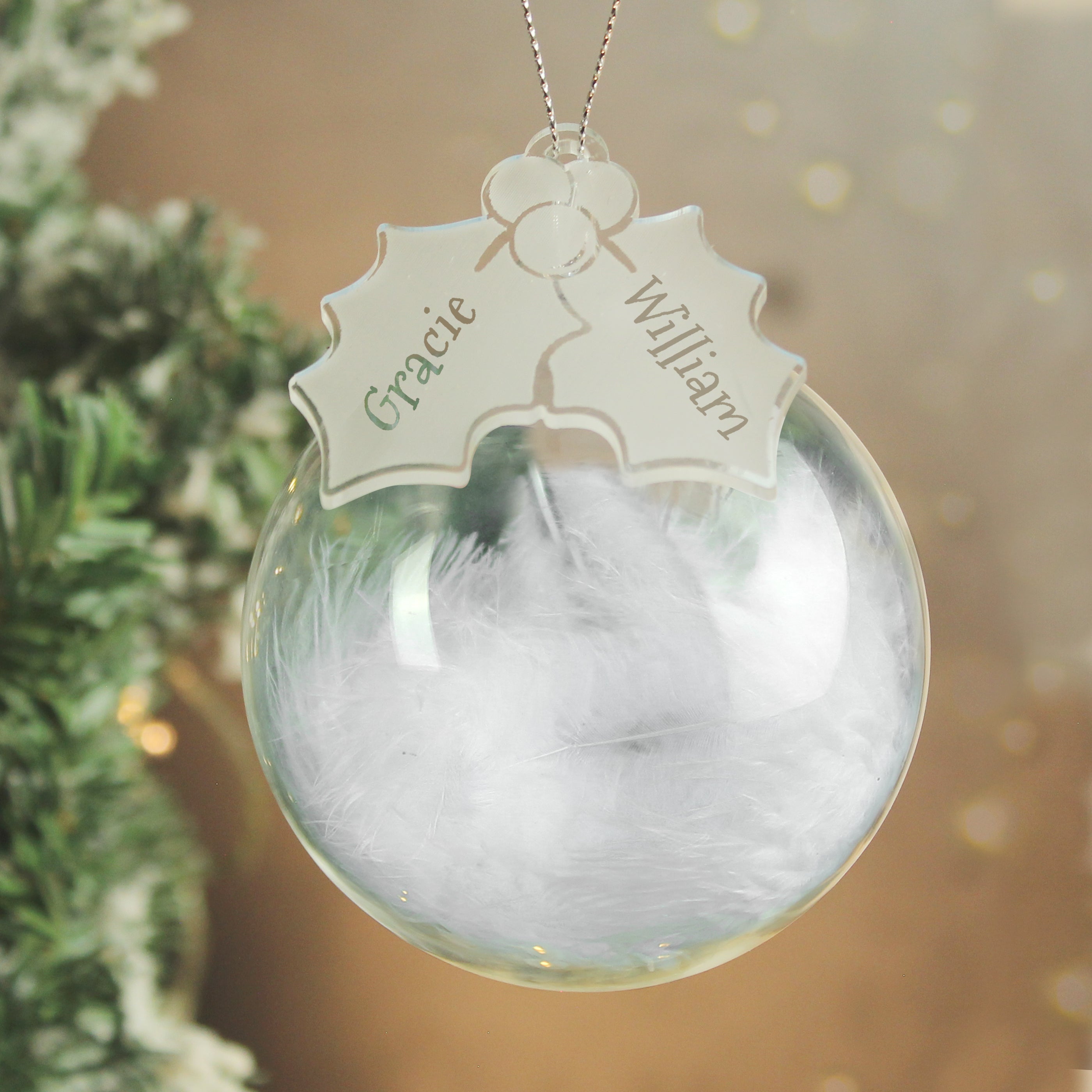 Personalised Holly Acrylic White Feather Bauble