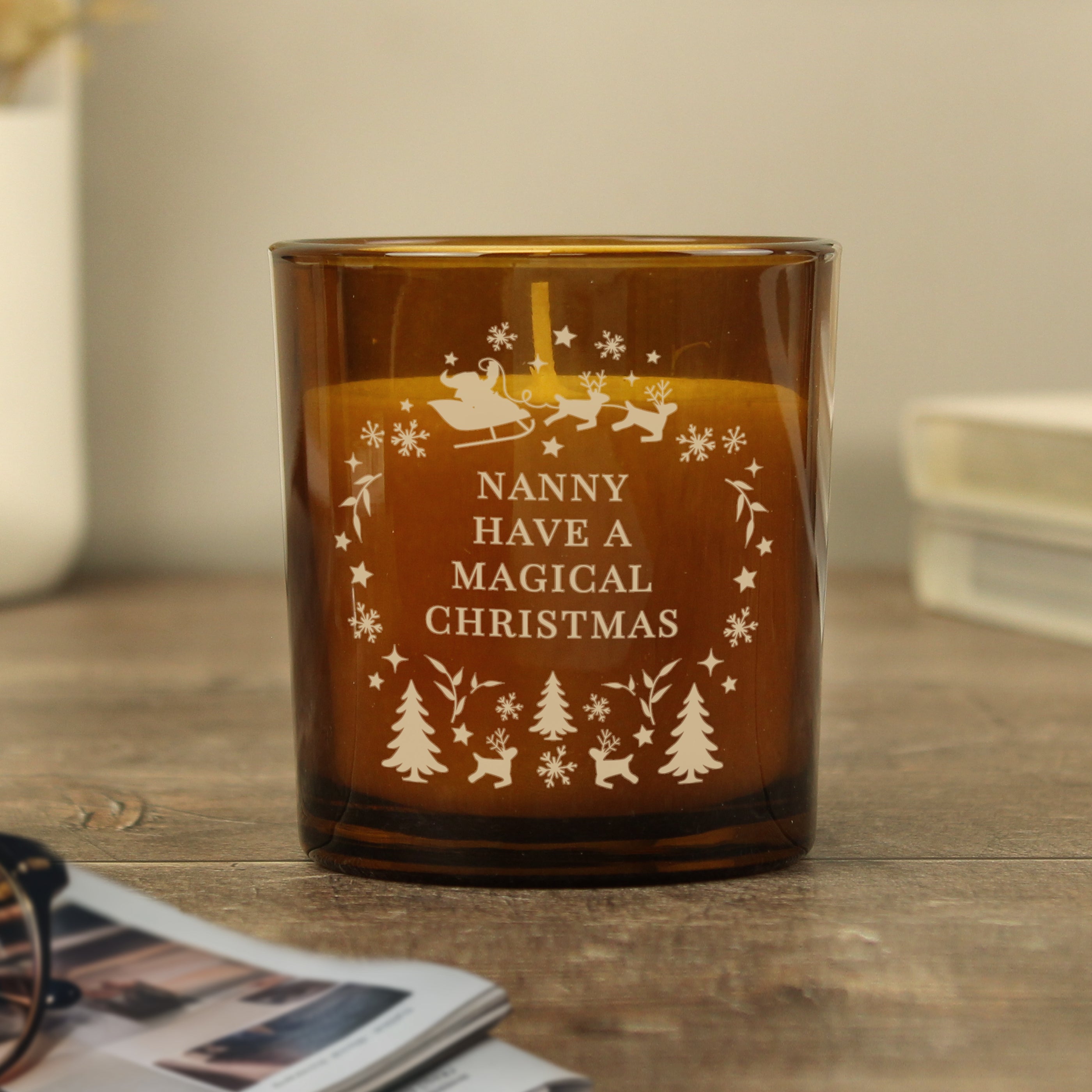 Personalised Engraved Christmas Amber Glass Candle