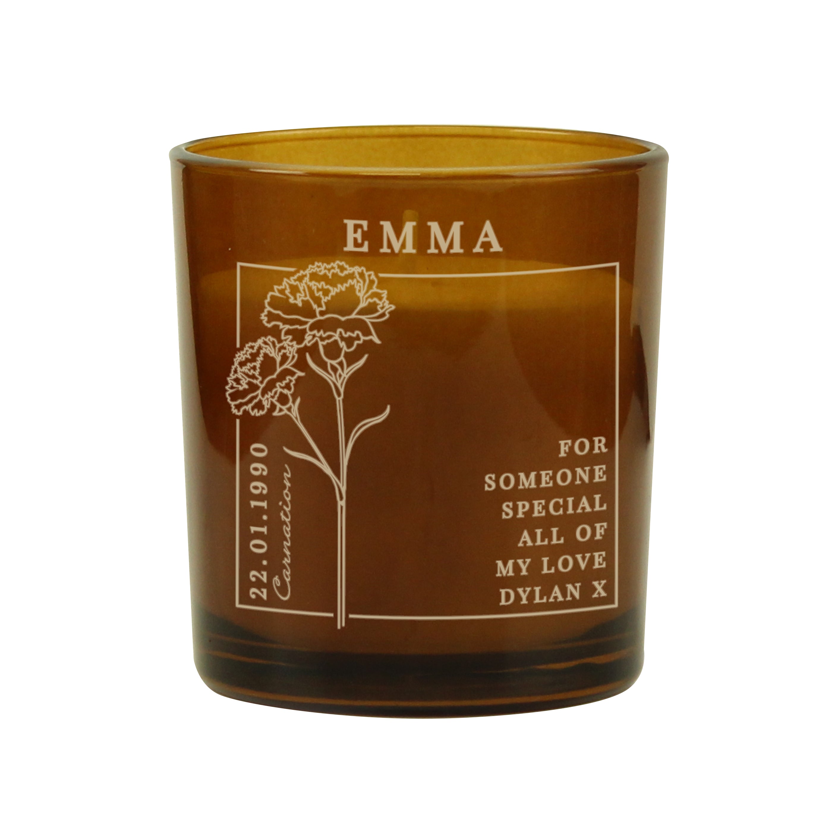 Personalised January Birth Flower Amber Glass Candle