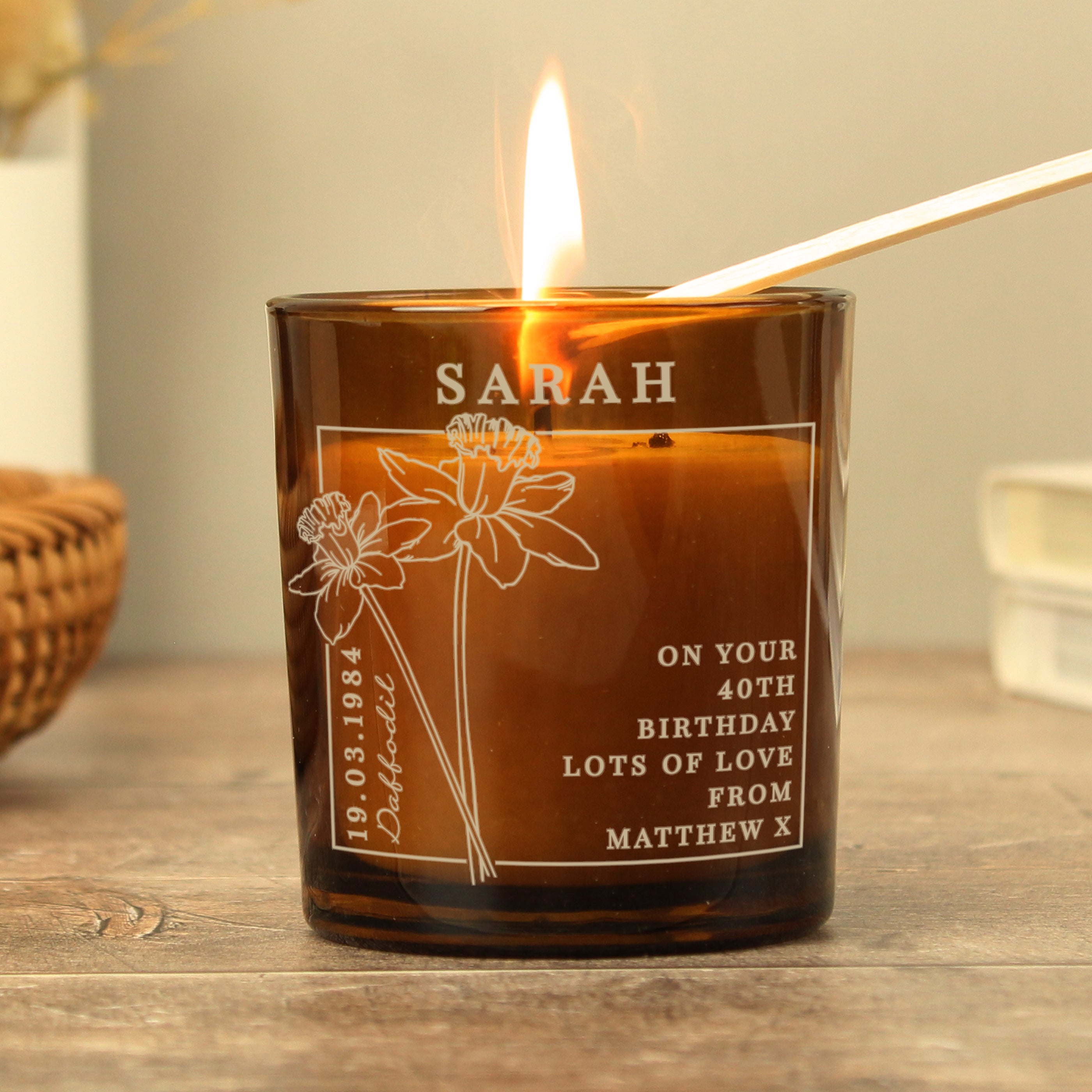 Personalised March Birth Flower Amber Glass Candle