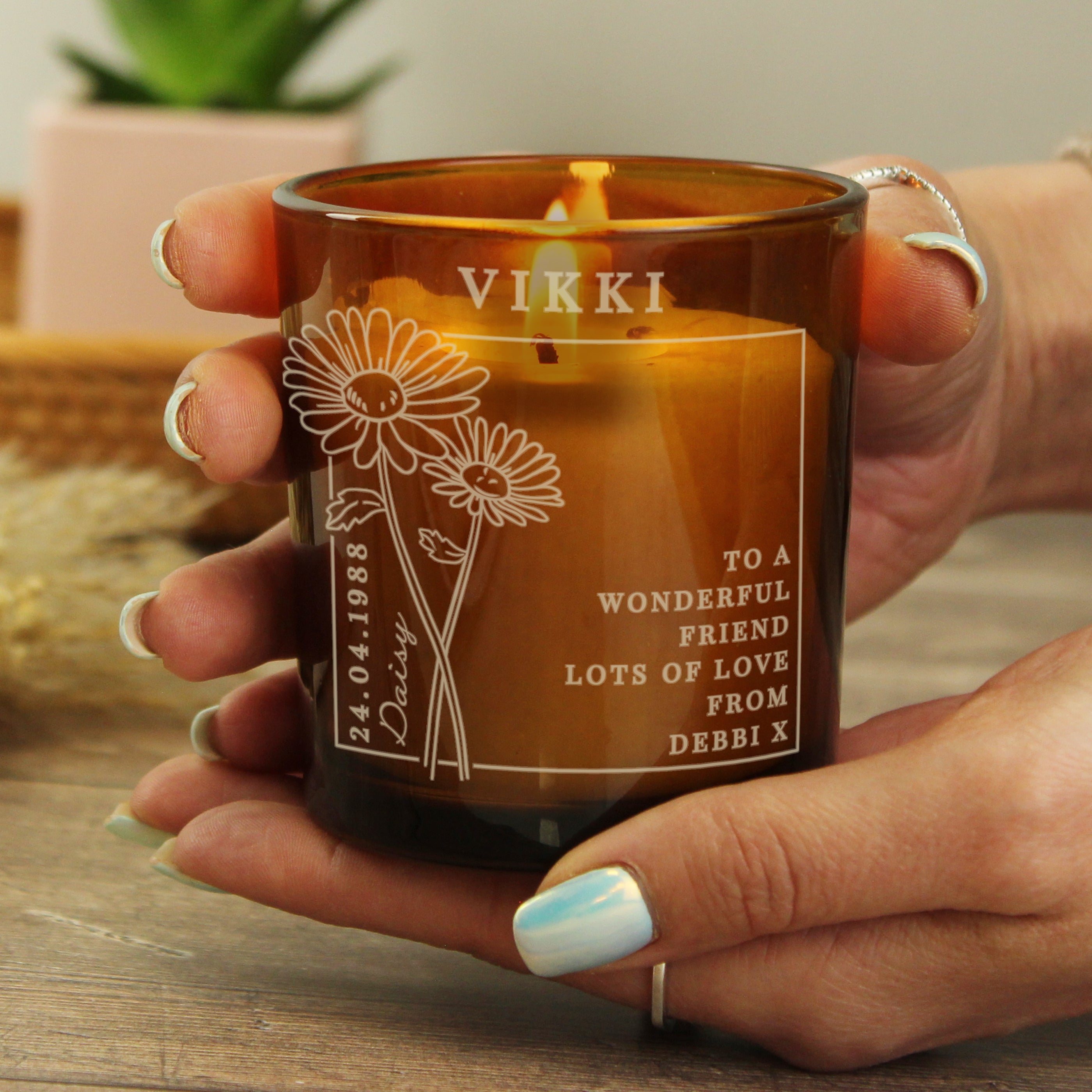 Personalised April Birth Flower Amber Glass Candle