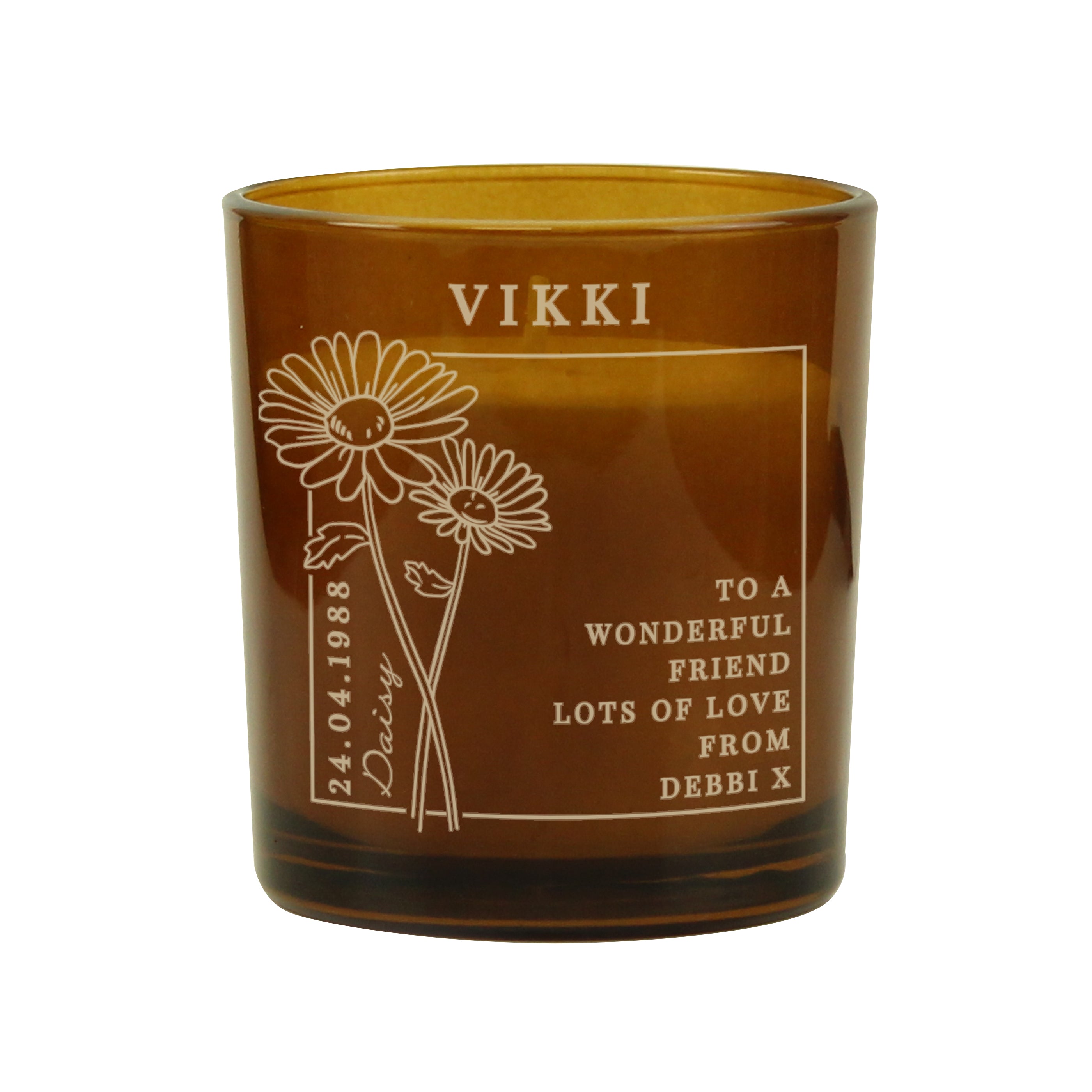 Personalised April Birth Flower Amber Glass Candle