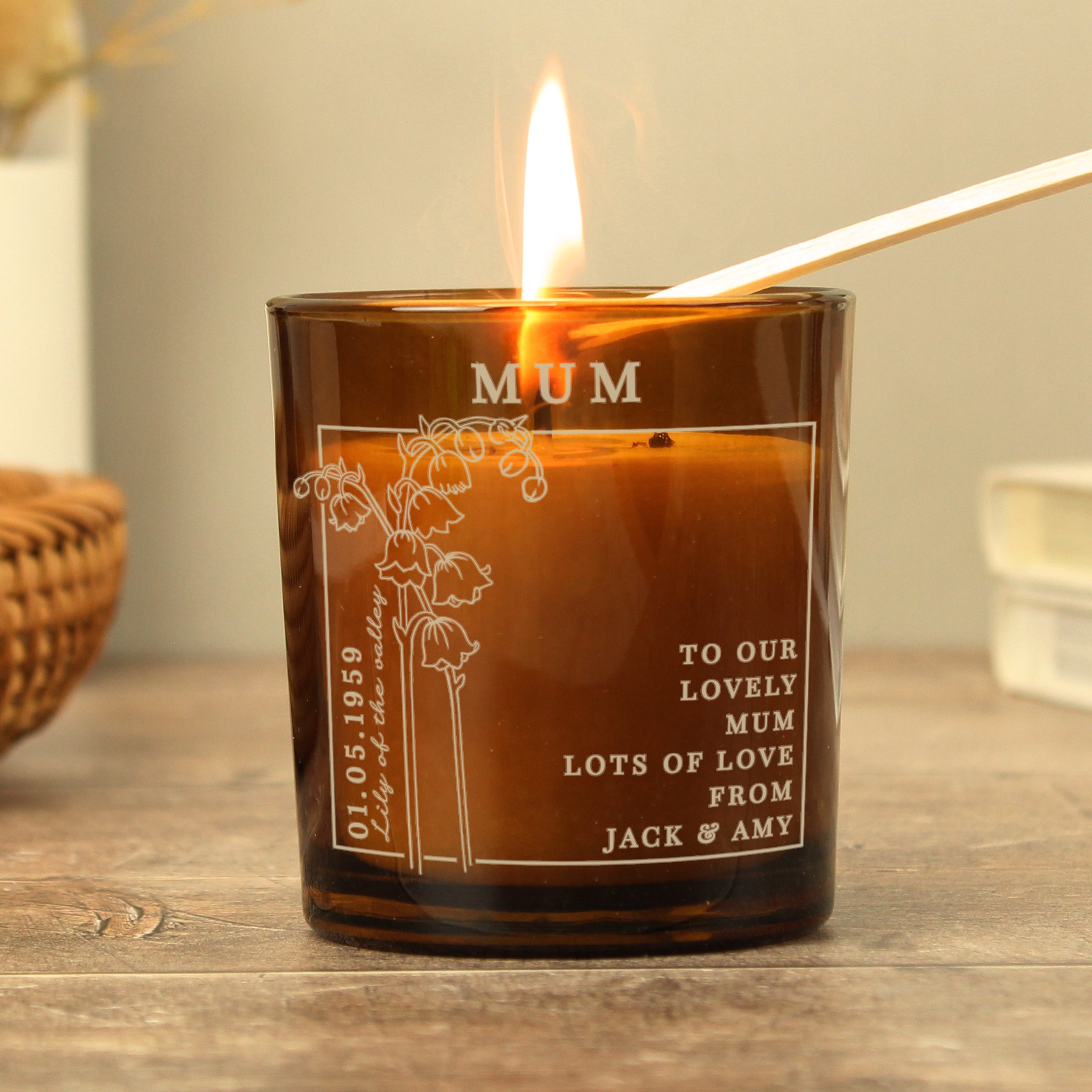 Personalised May Birth Flower Amber Glass Candle