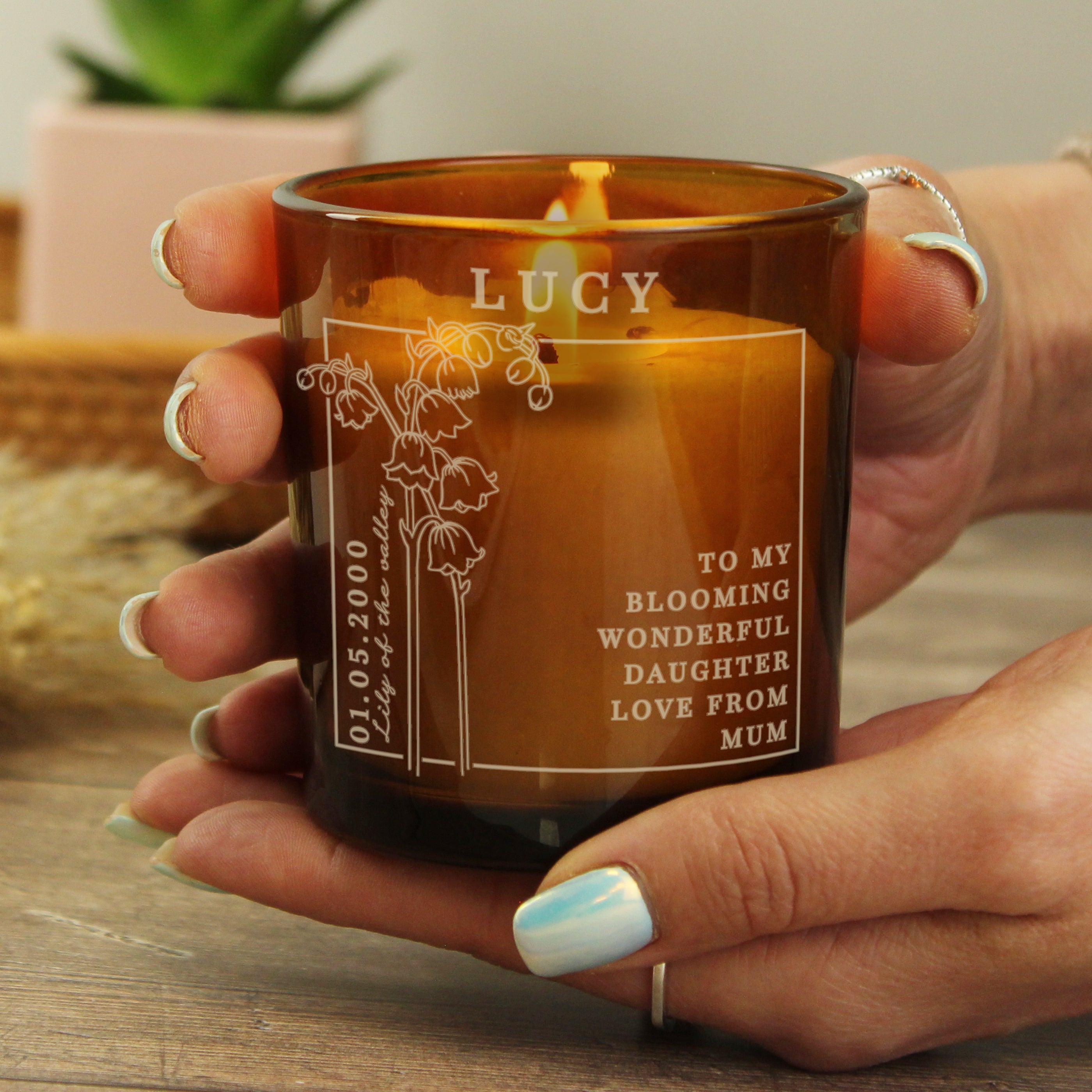 Personalised May Birth Flower Amber Glass Candle