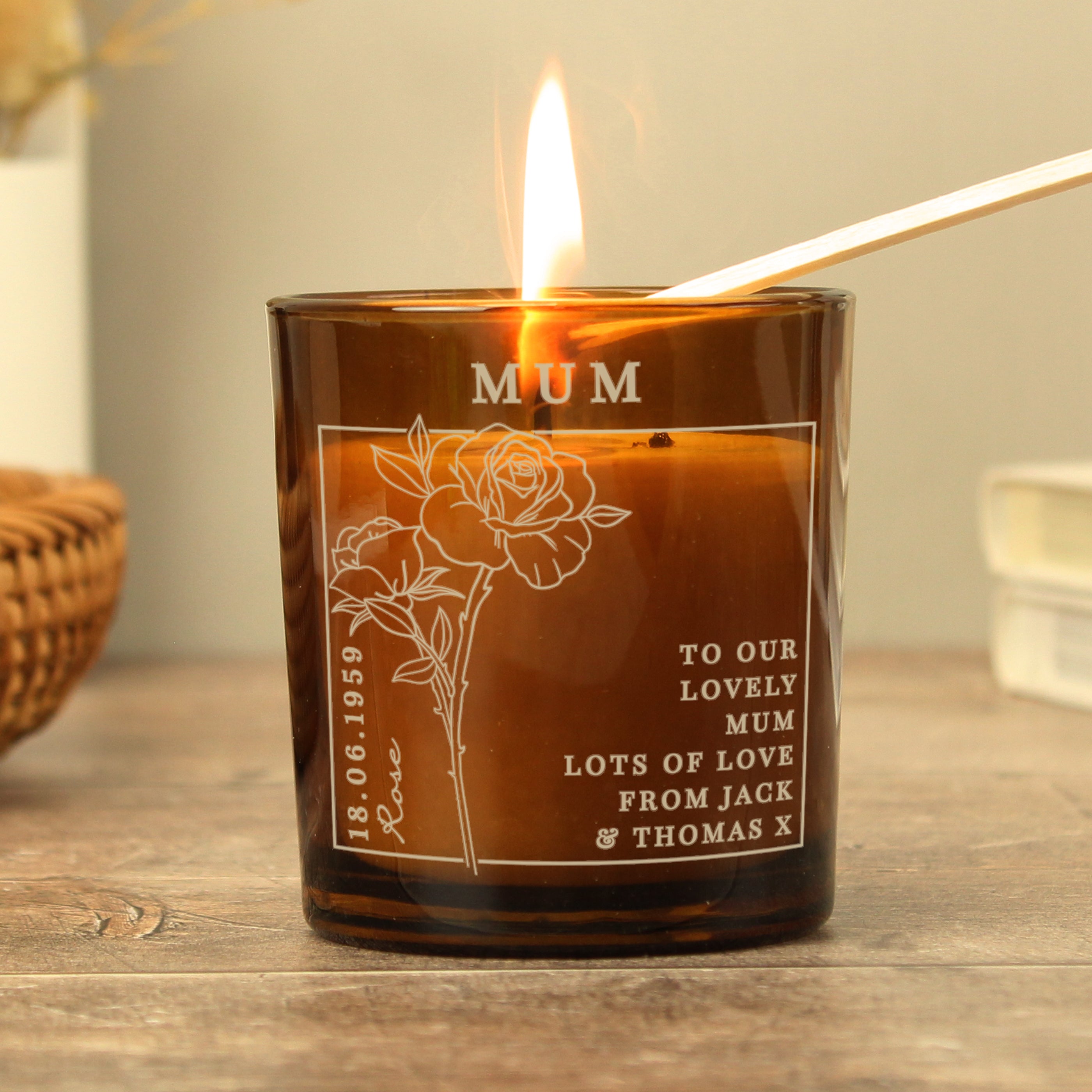 Personalised June Birth Flower Amber Glass Candle