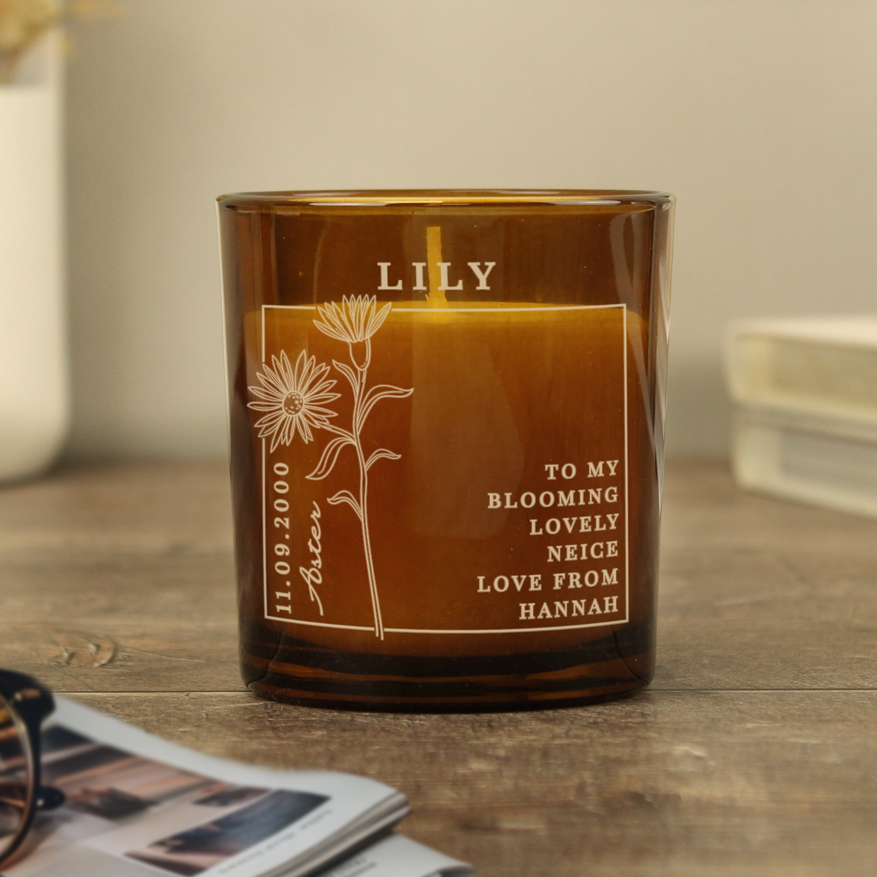 Personalised September Birth Flower Amber Glass Candle