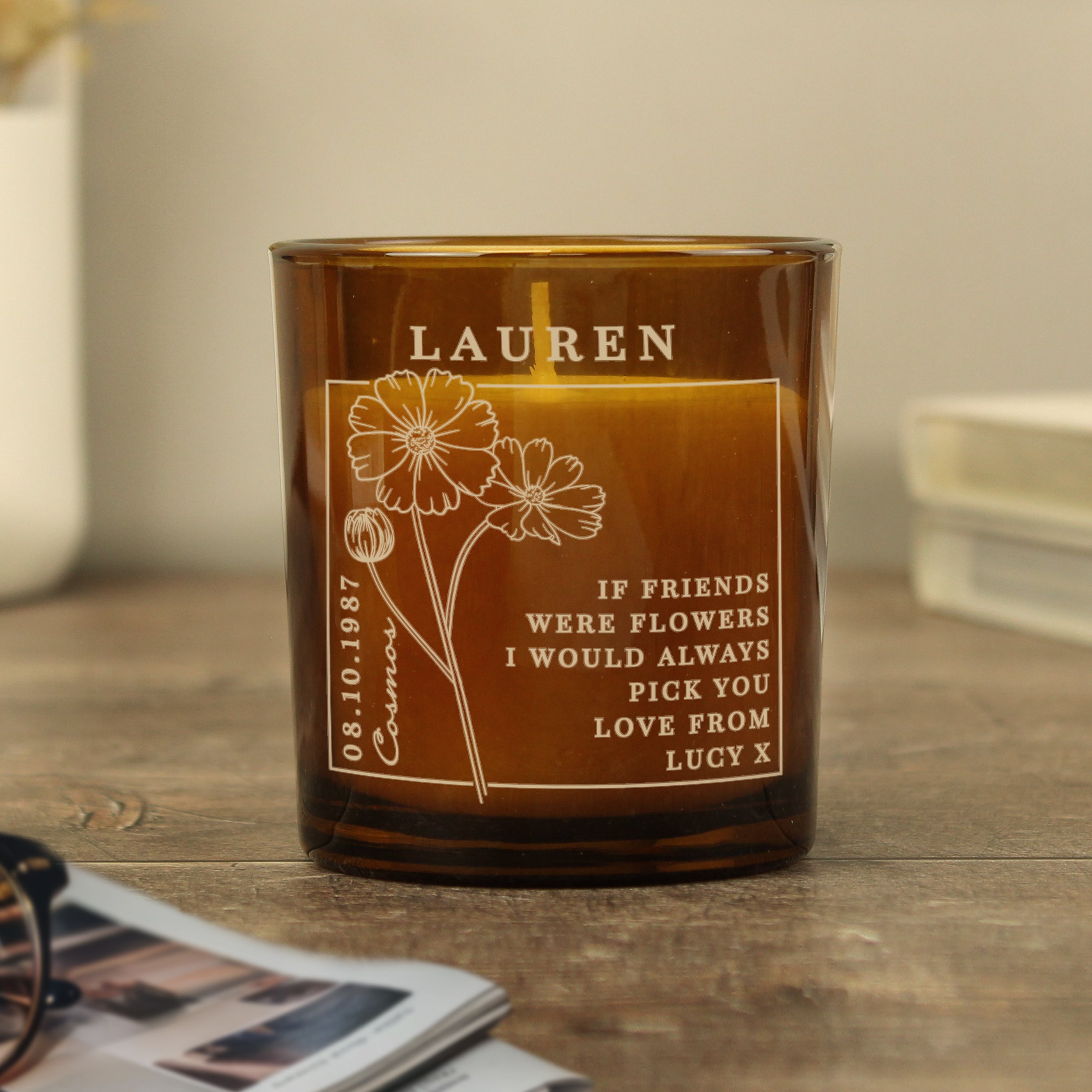 Personalised October Birth Flower Amber Glass Candle