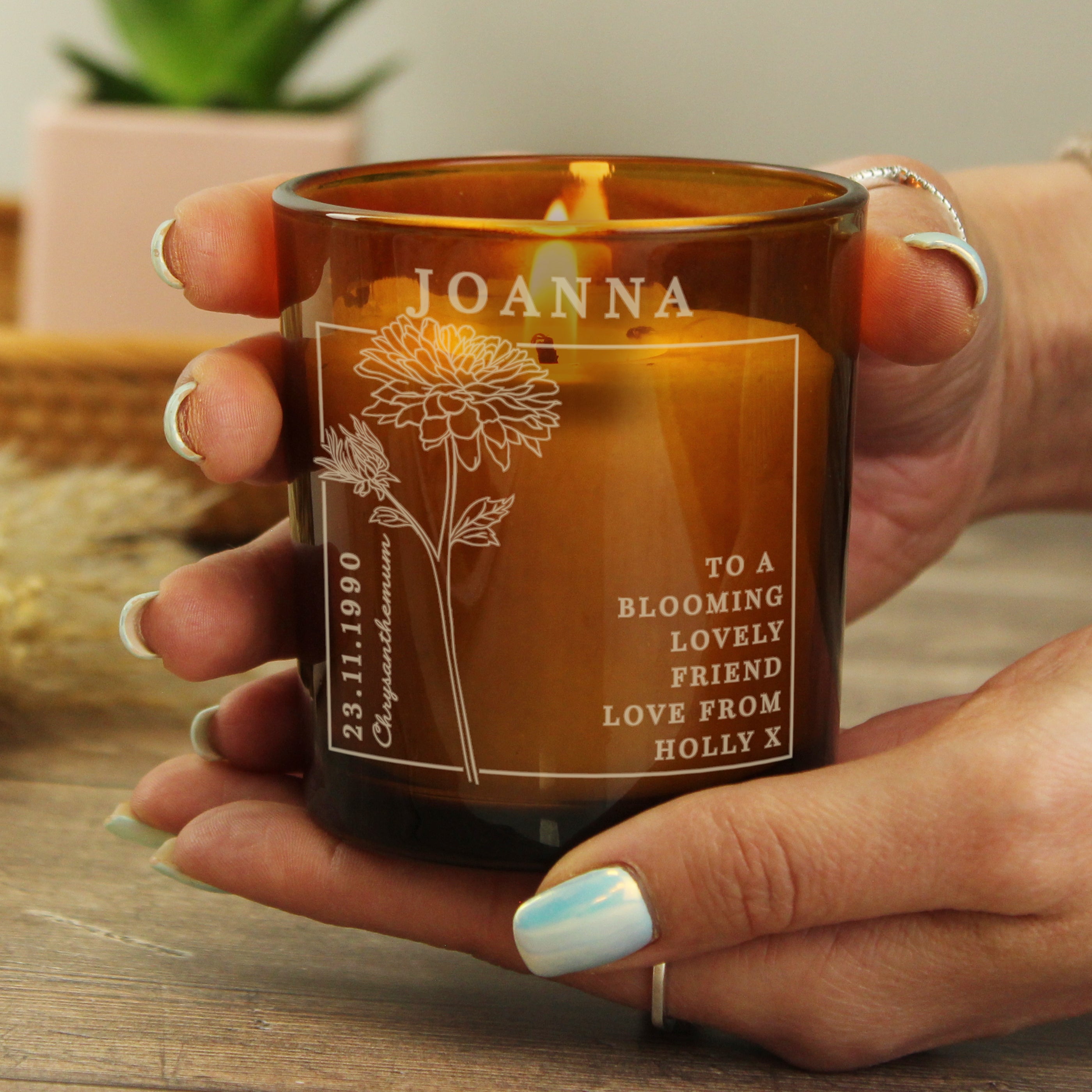 Personalised November Birth Flower Amber Glass Candle