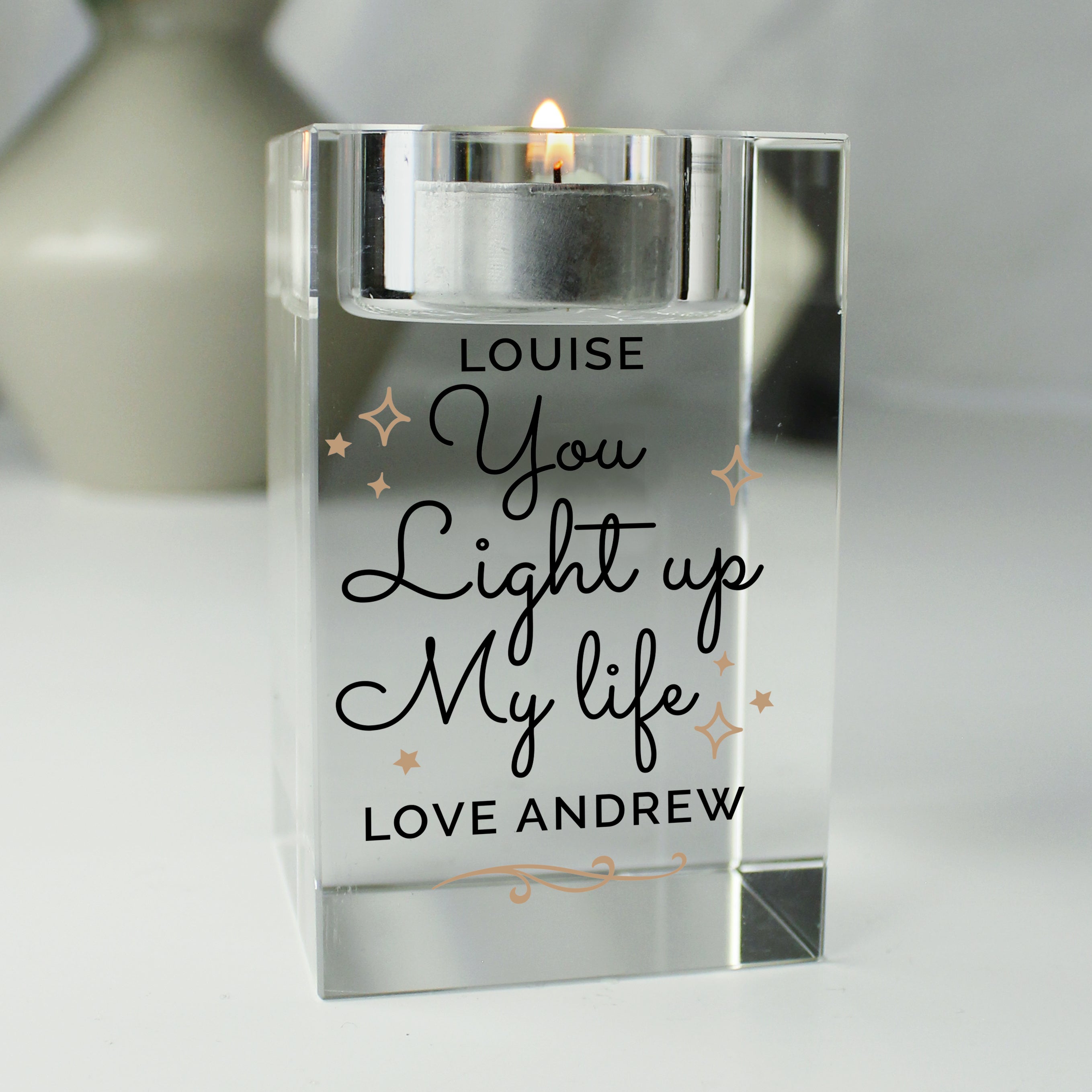 Personalised You Light Up My Life Glass Tea Light Holder