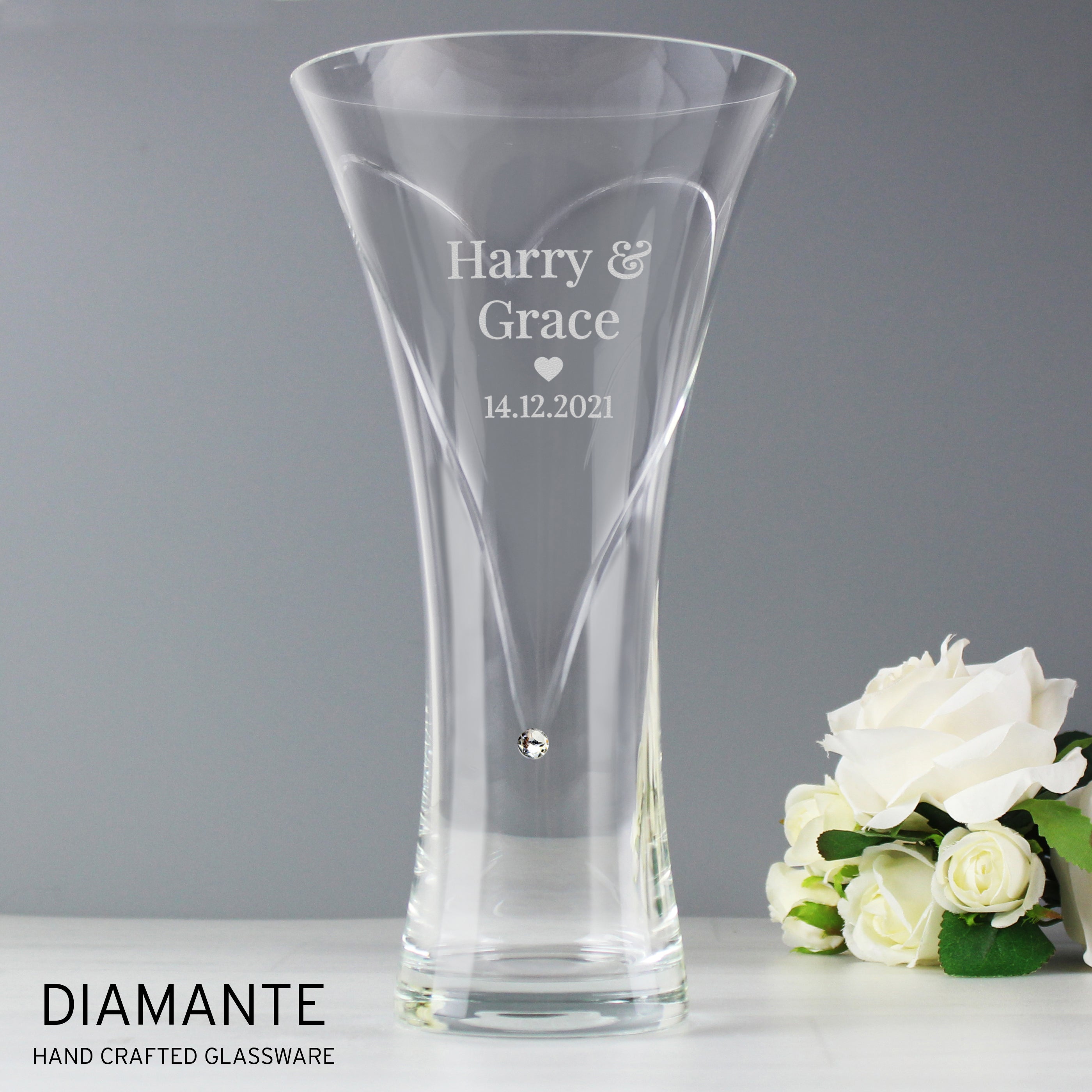 Personalised Mr & Mrs Large Hand Cut Diamante Heart Vase