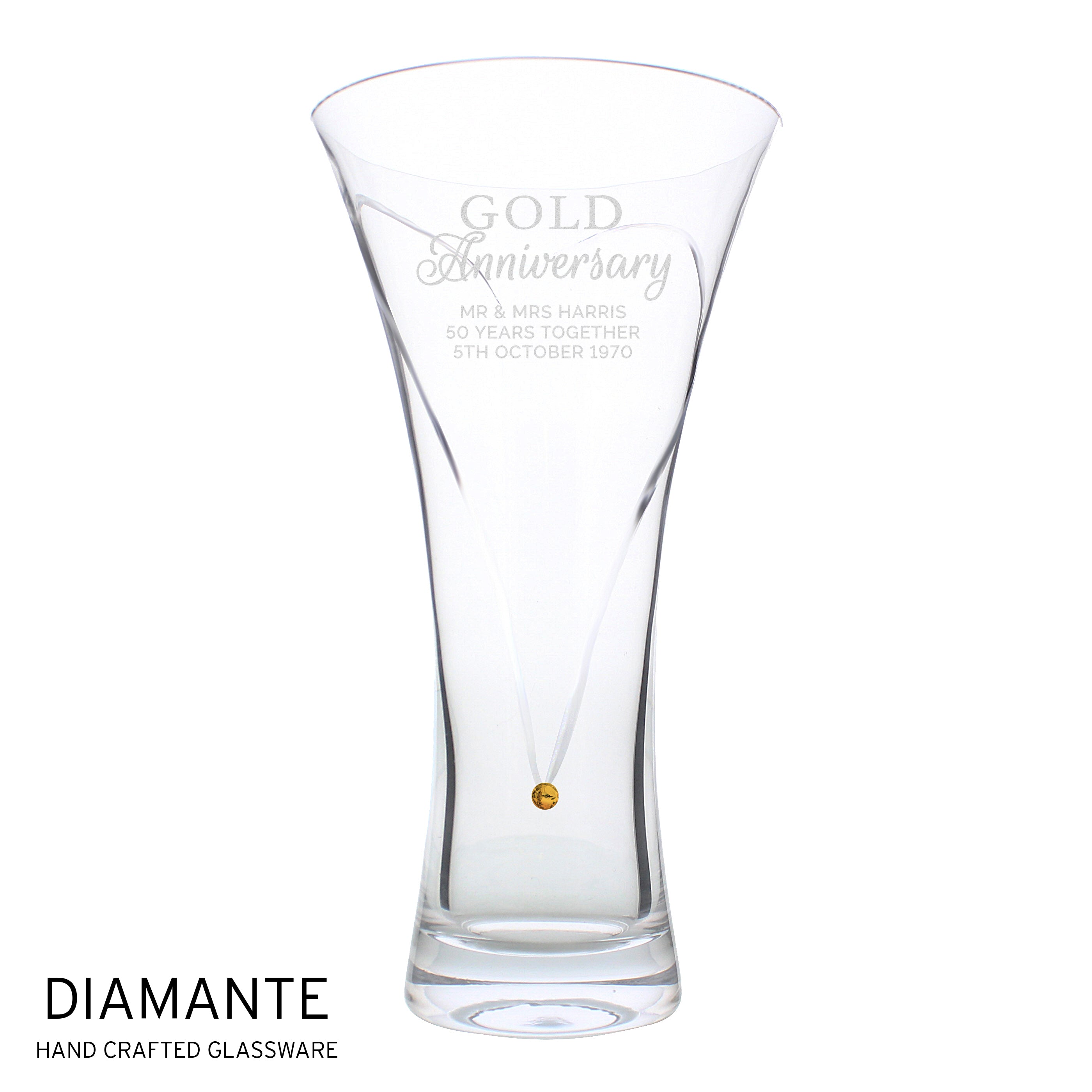 Personalised Gold Anniversary Large Hand Cut Diamante Heart Vase