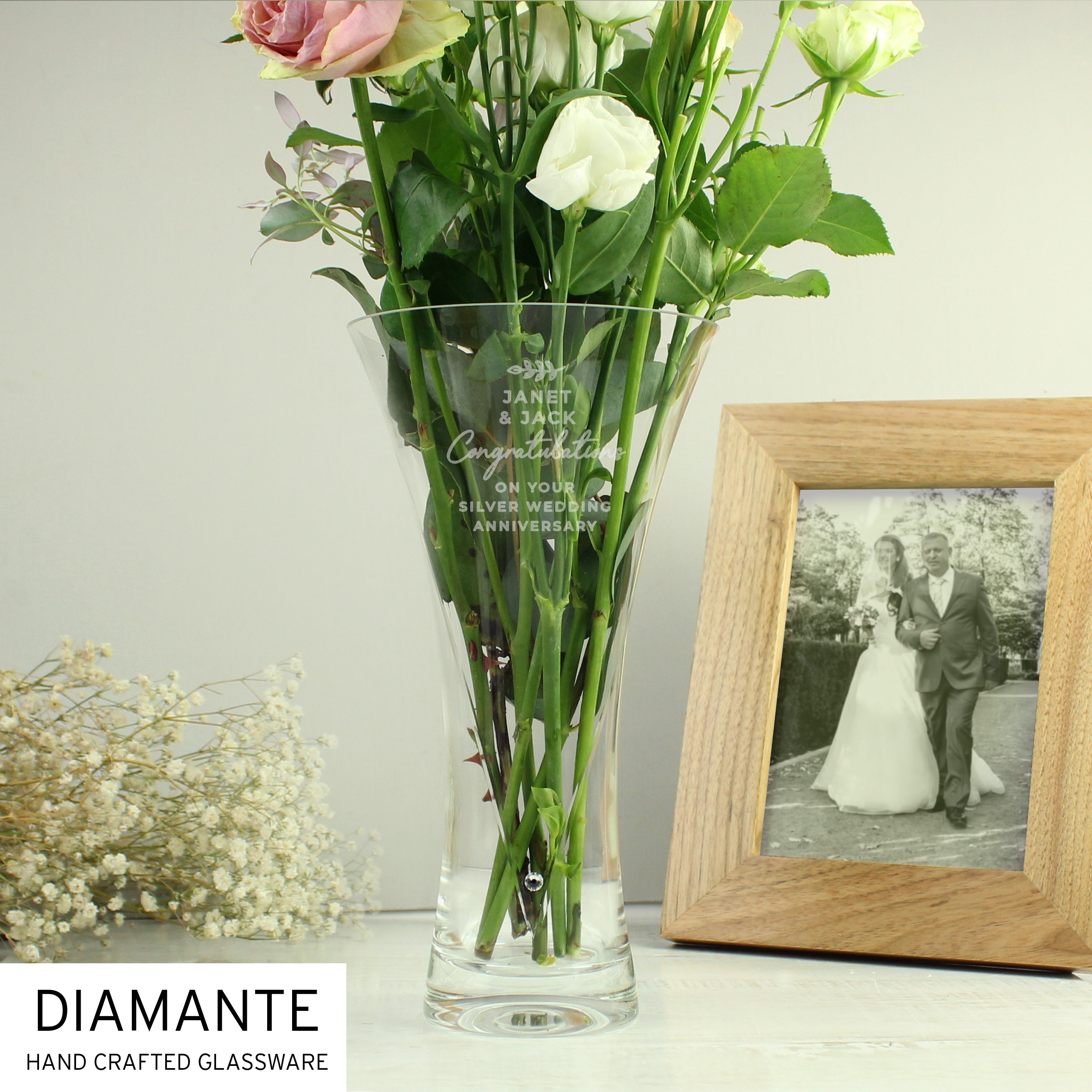 Personalised Free Text Botanical Hand Cut Diamante Heart Vase