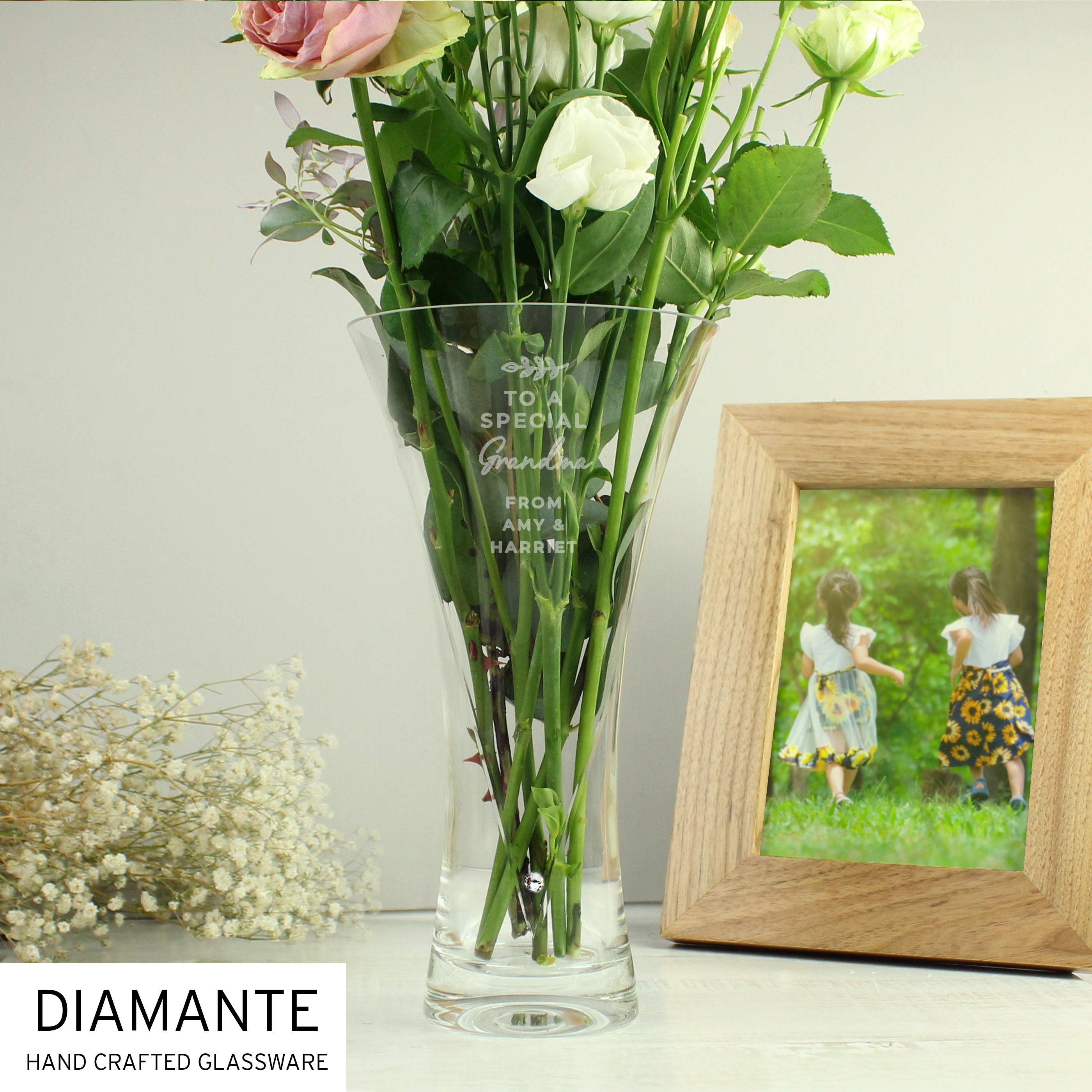 Personalised Free Text Botanical Hand Cut Diamante Heart Vase