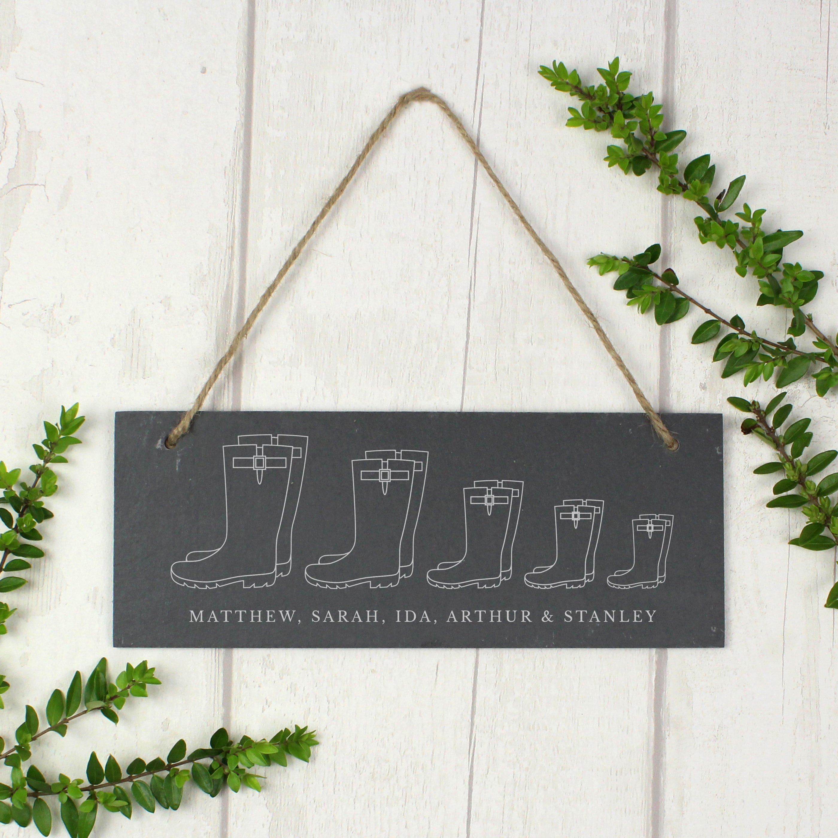 Personalised Welly Boot Family of Five Hanging Slate Plaque