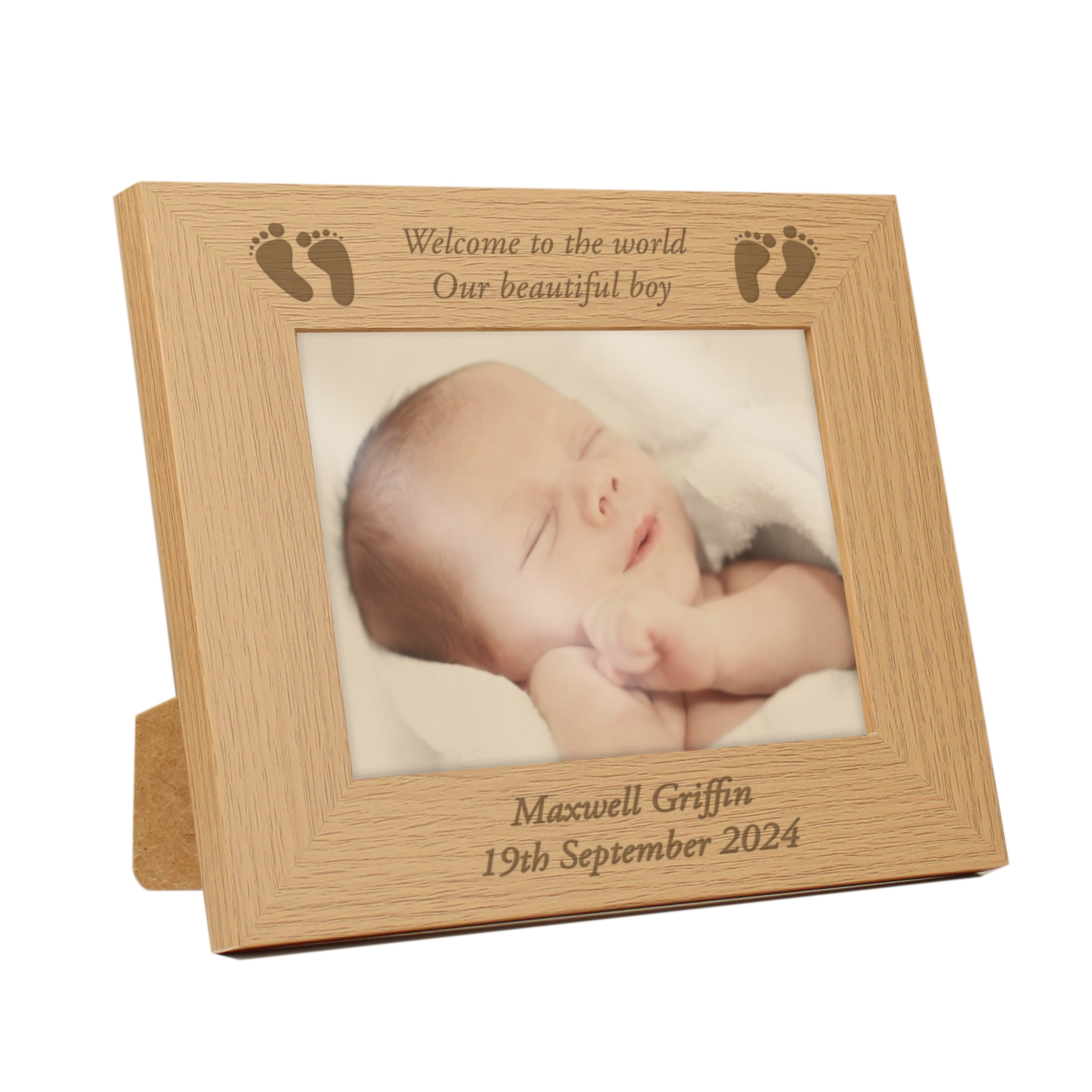 Personalised Baby Feet 5x7 Landscape Oak Finish Photo Frame