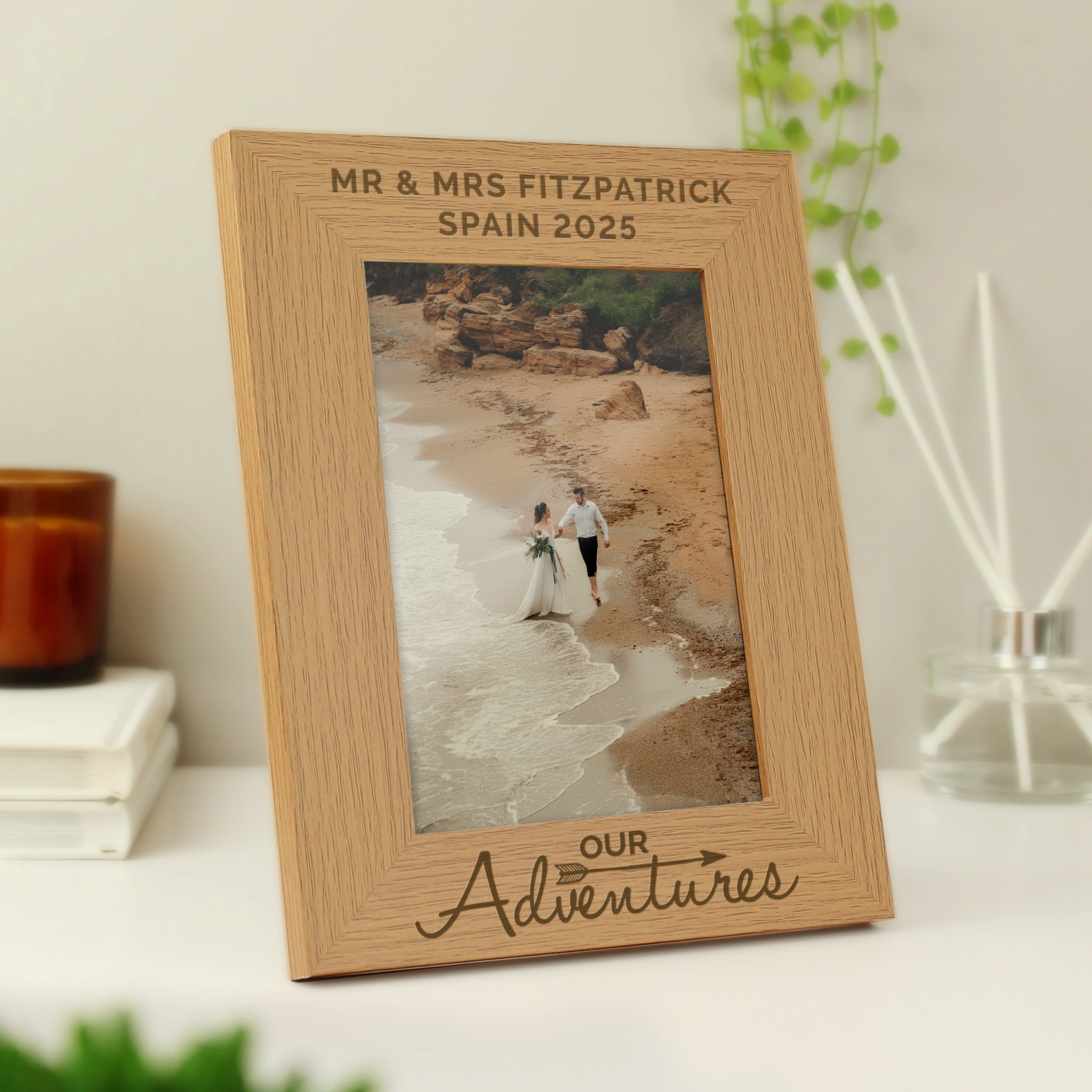 Personalised Our Adventures 5x7 Oak Finish Photo Frame