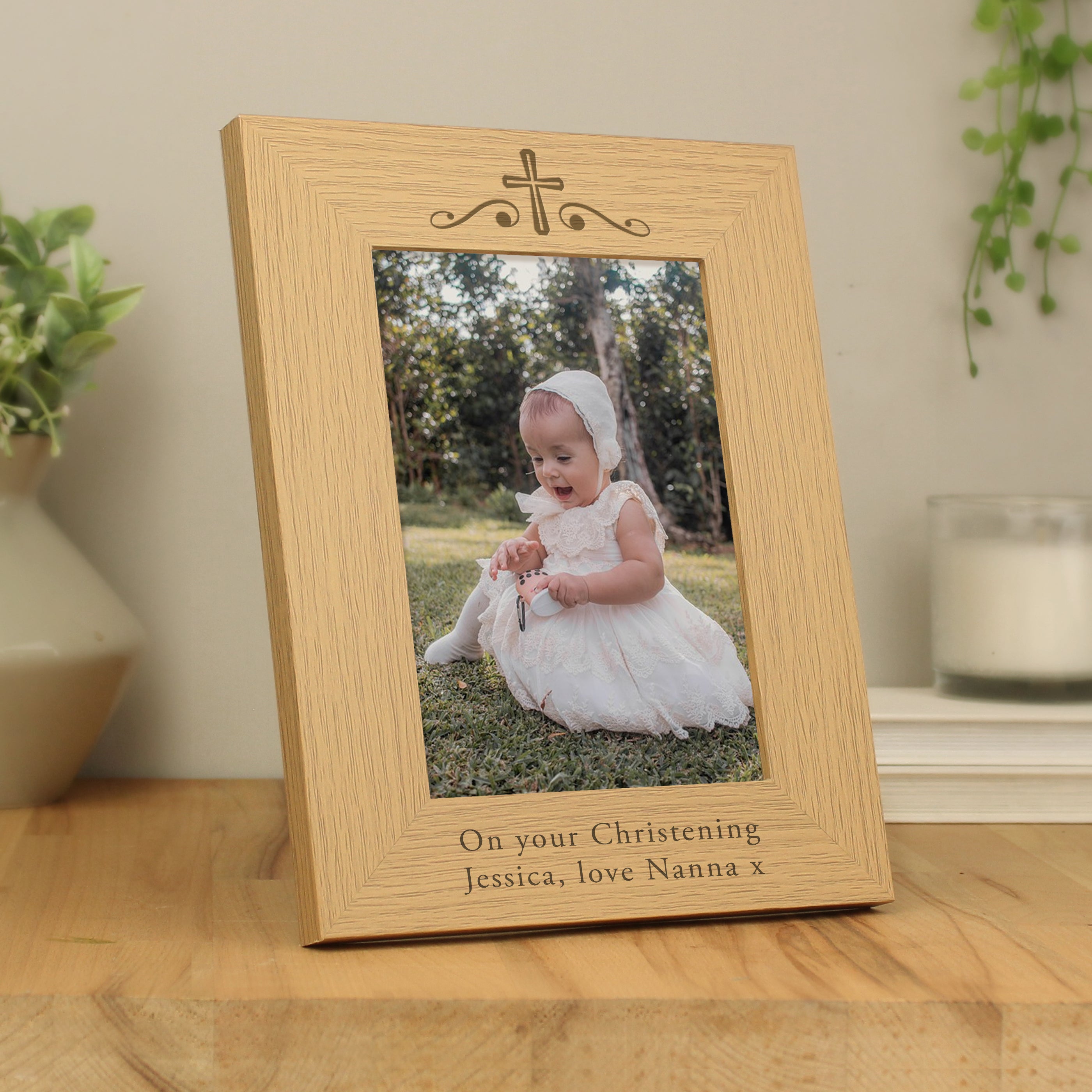 Personalised Religious Swirl 5x7 Oak Finish Photo Frame