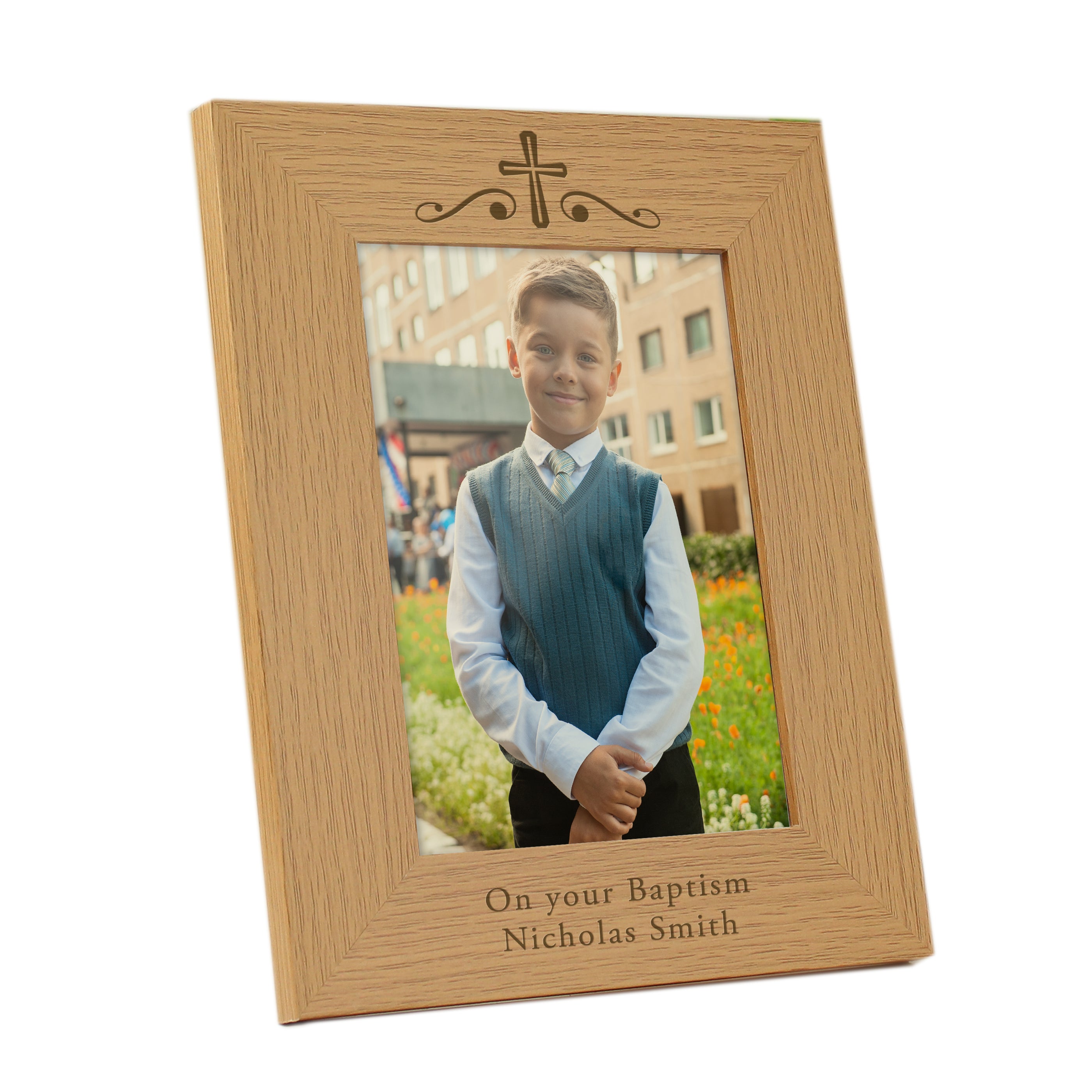 Personalised Religious Swirl 5x7 Oak Finish Photo Frame