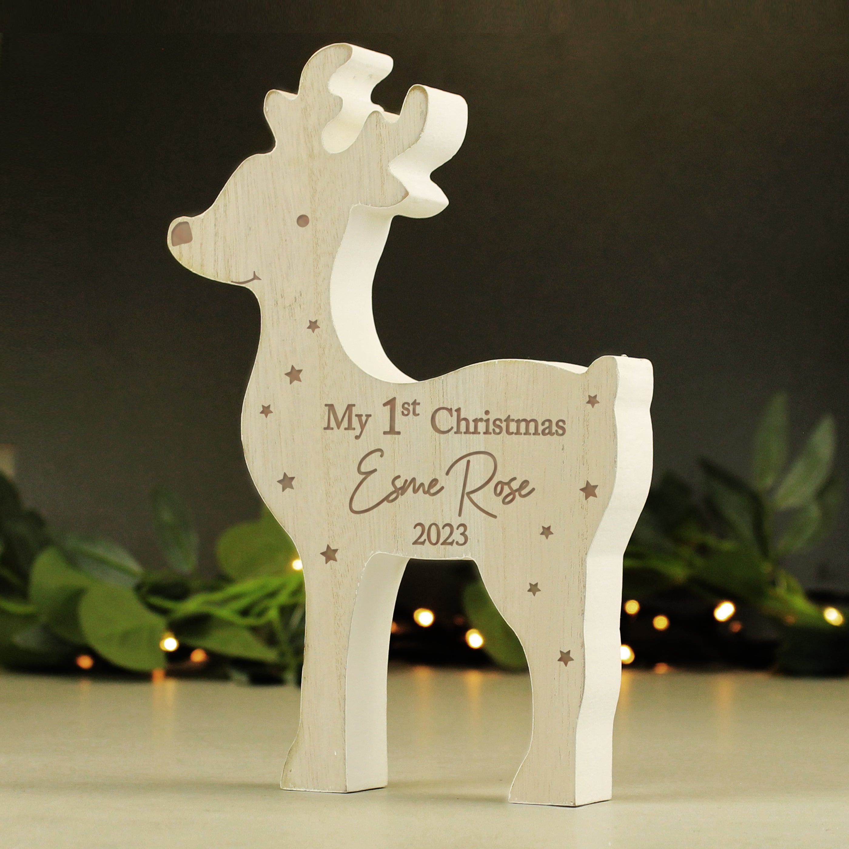 Personalised '1st Christmas' Rustic Wooden Reindeer Decoration