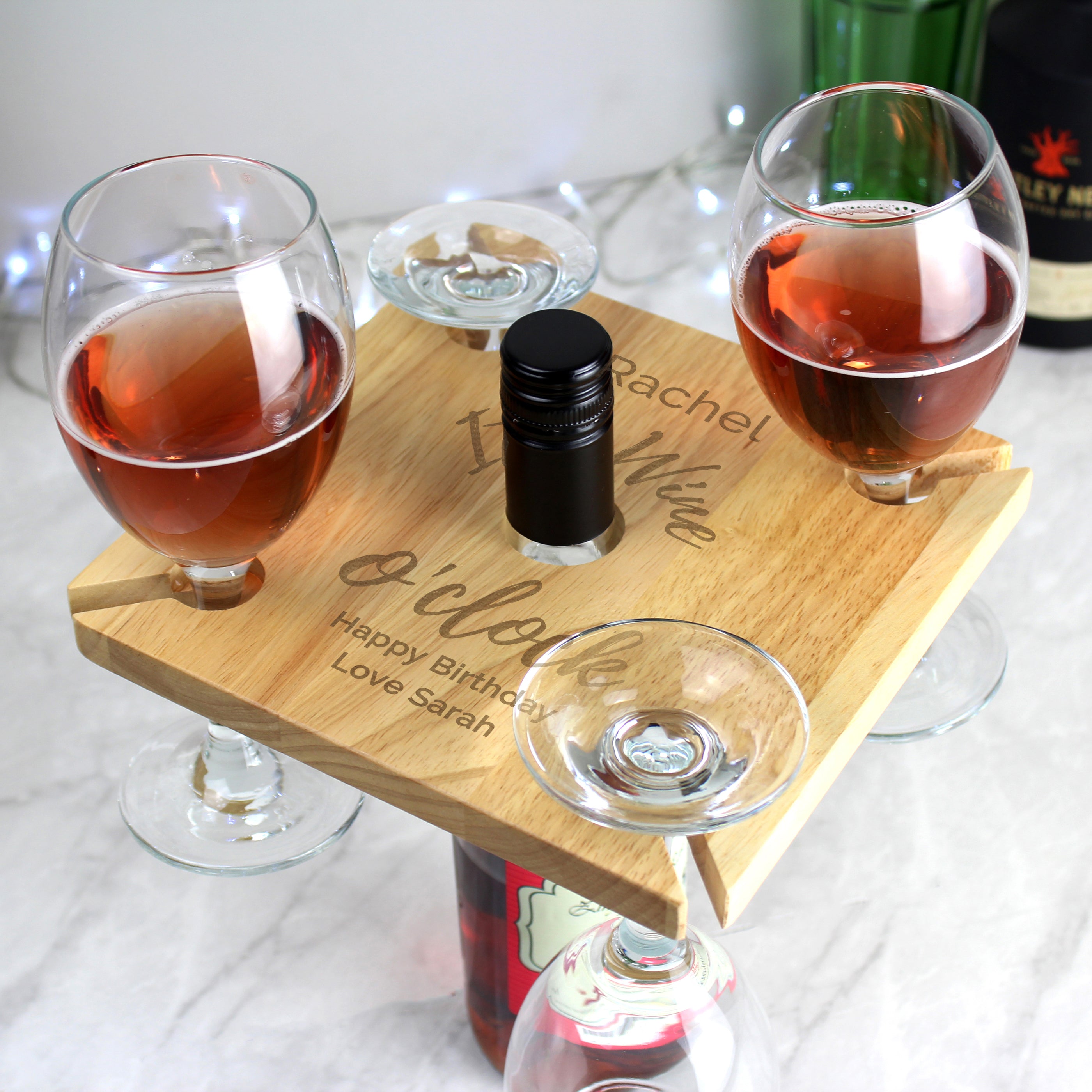 Personalised Wine O'clock Four Wine Glass Holder & Bottle Holder