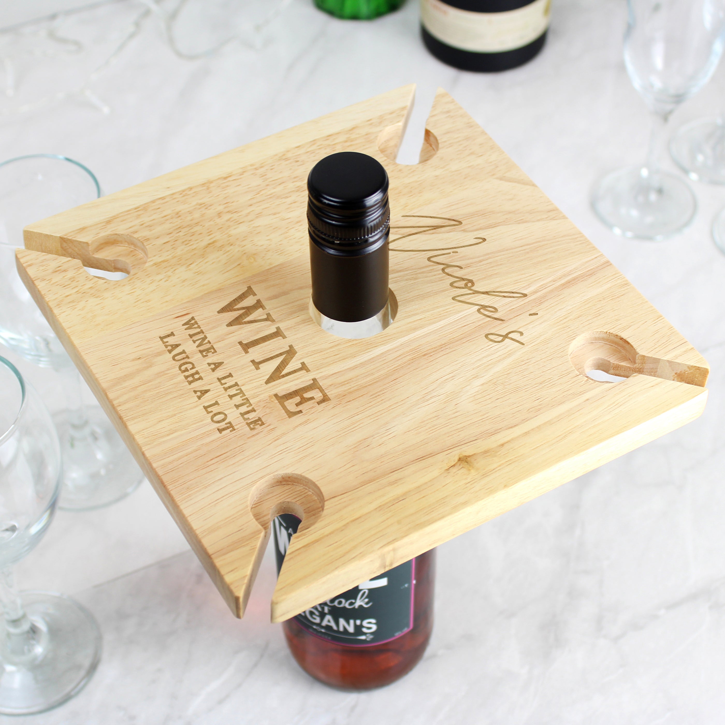 Personalised Free Text Four Wine Glass Holder & Bottle Holder