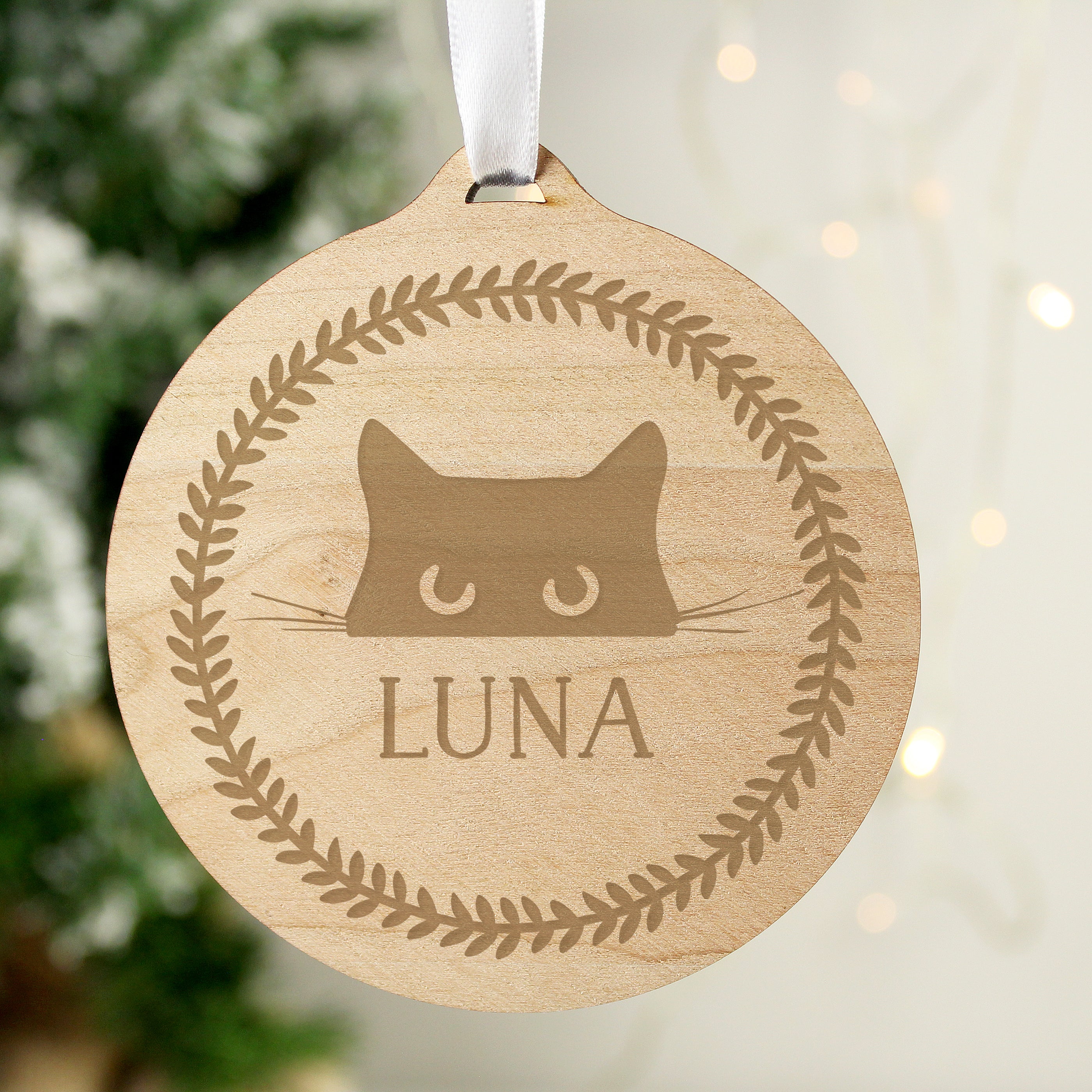 Personalised Cat Round Wooden Bauble