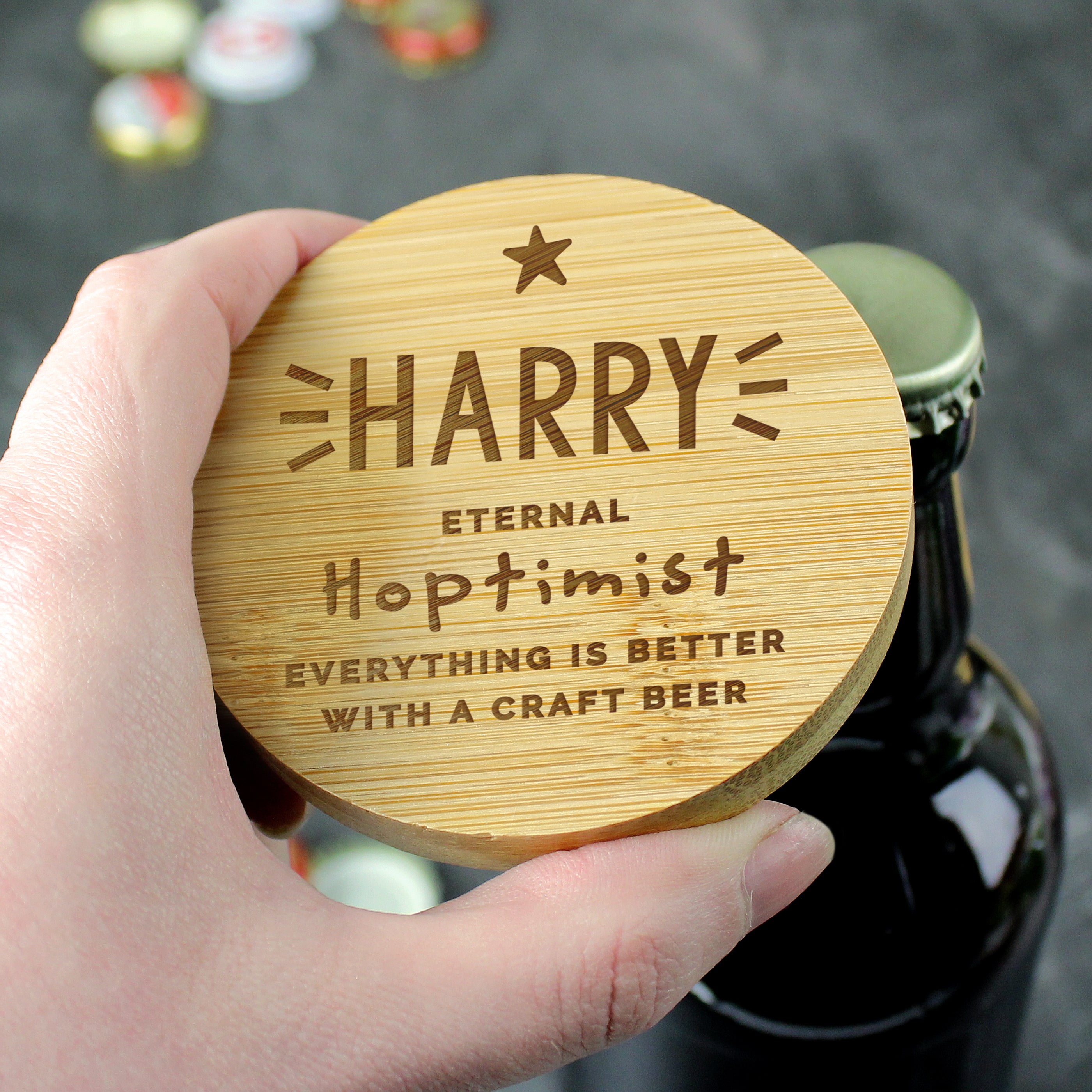 Personalised Star Bamboo Bottle Opener Coaster