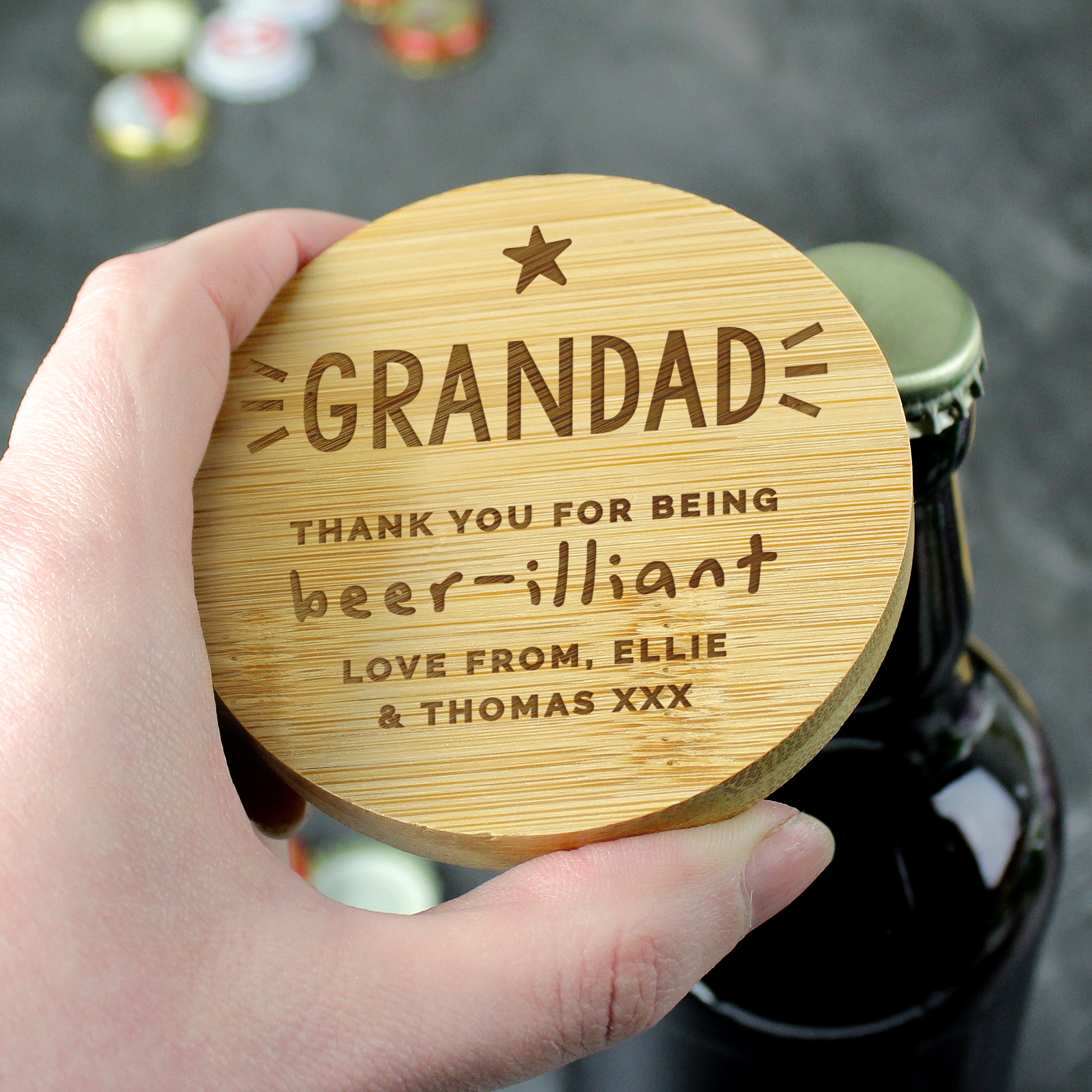 Personalised Star Bamboo Bottle Opener Coaster