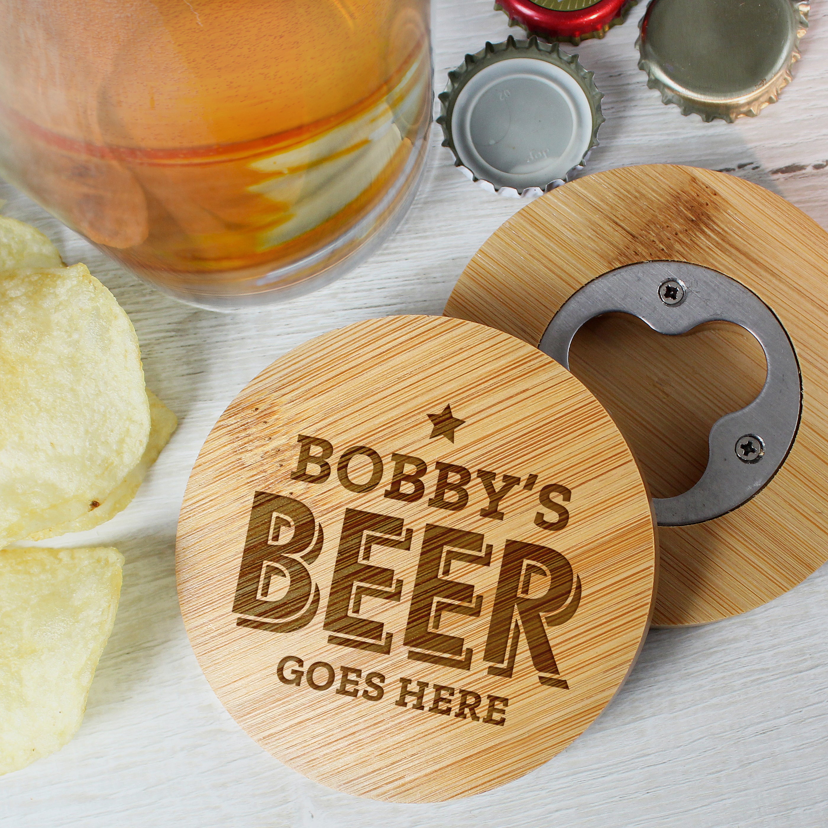 Personalised Beer Goes Here Bamboo Bottle Opener Coaster