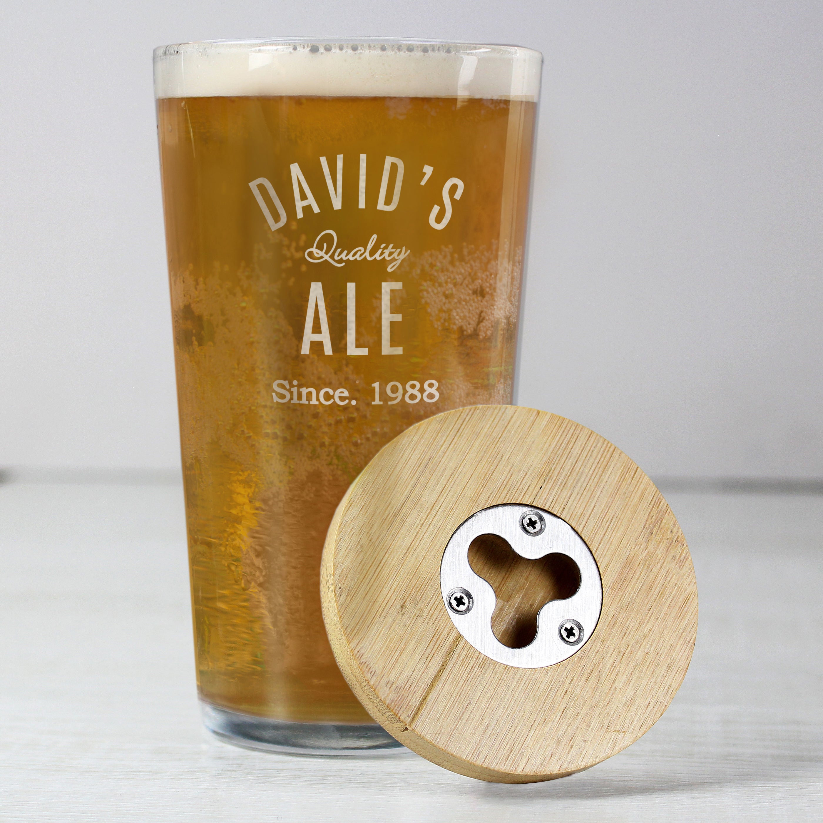 Personalised Free Text Bamboo Bottle Opener Coaster and Pint Glass