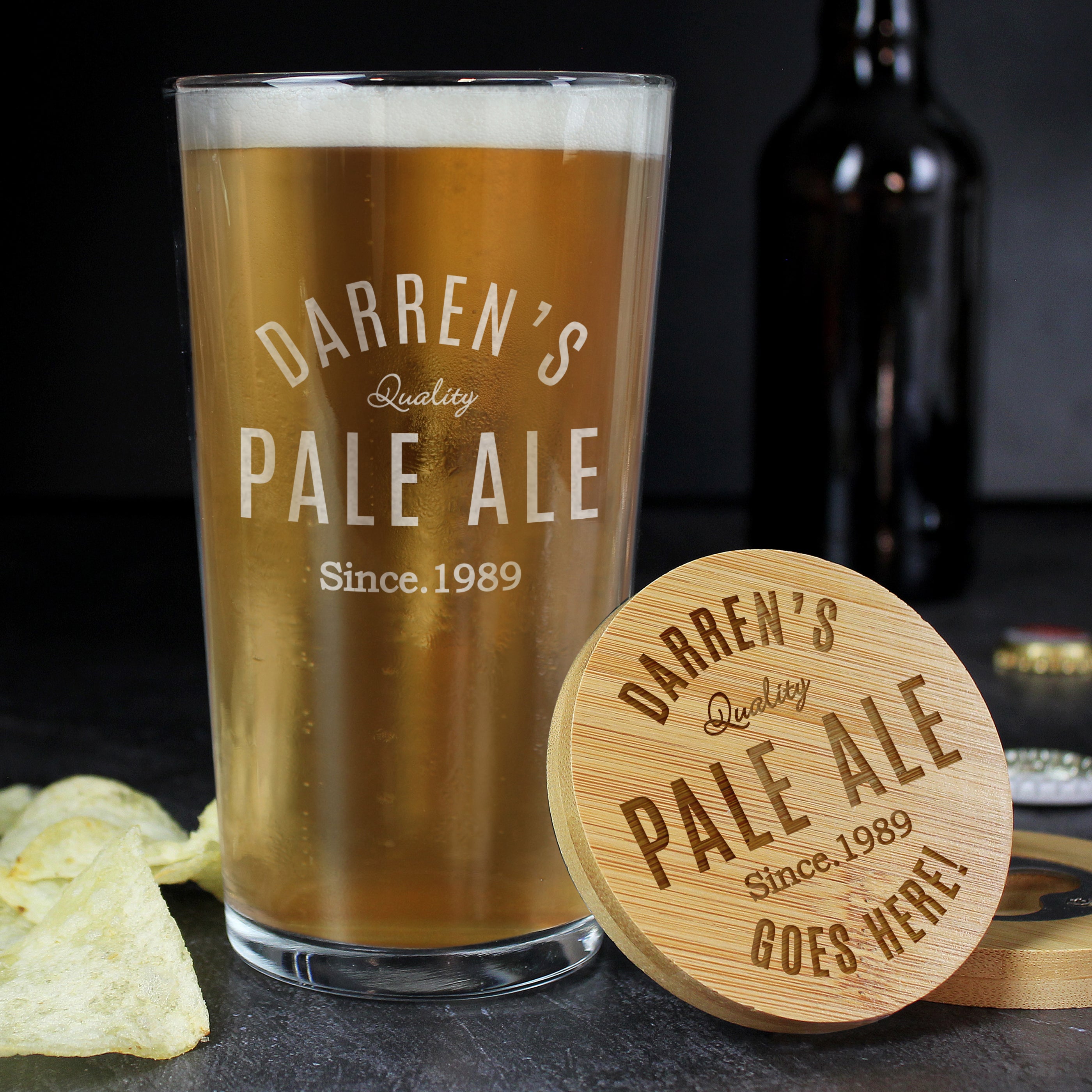 Personalised Free Text Bamboo Bottle Opener Coaster and Pint Glass