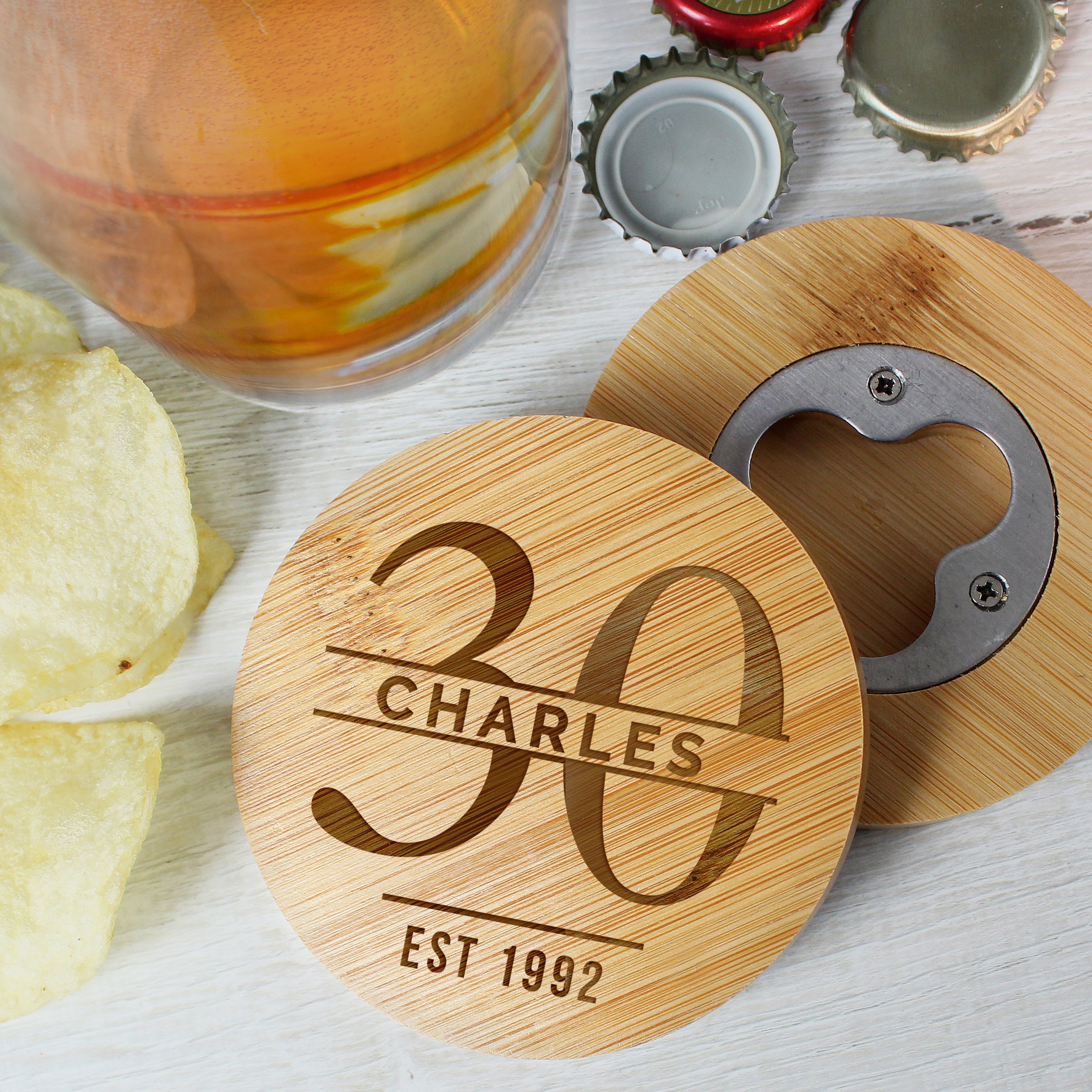 Personalised Big Age Bamboo Bottle Opener Coaster and Pint Glass Set